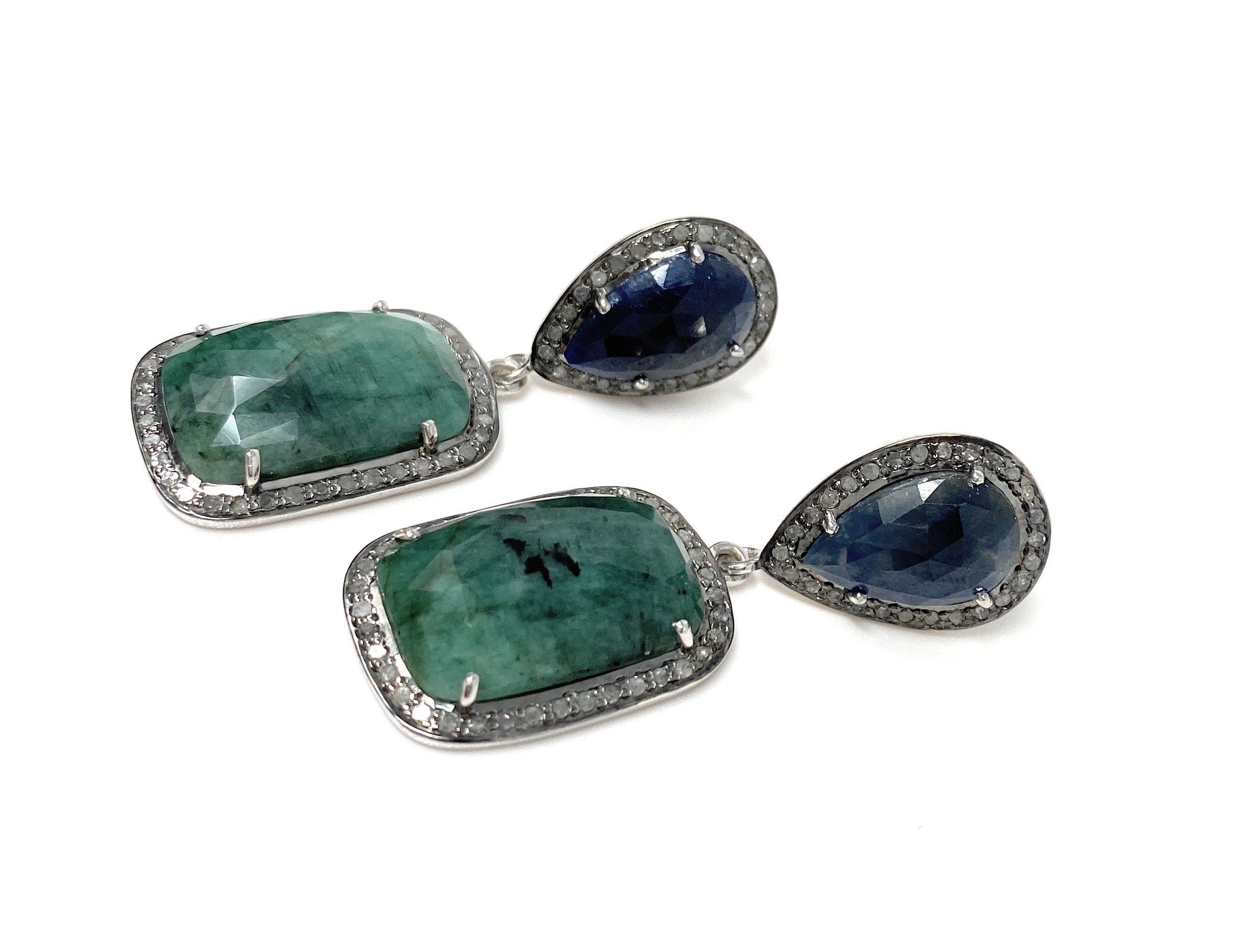 Genuine Emerald and Blue Sapphire  Pave Diamond Earrings, Sapphire Ear