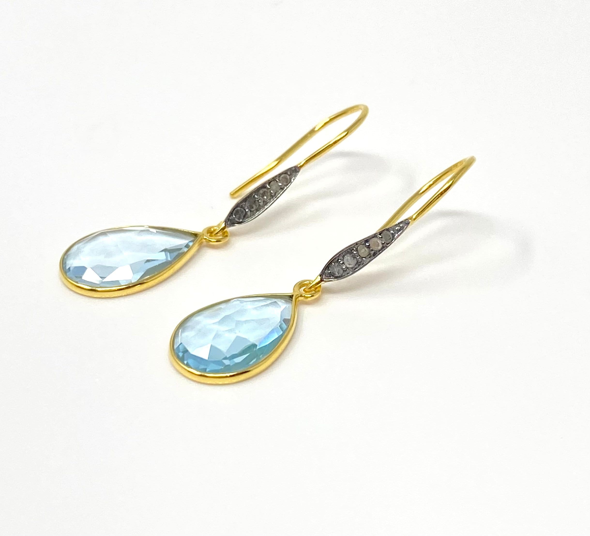 Genuine Sky Blue Topaz Pave Diamond Earrings, 14K Gold Plated Sterling