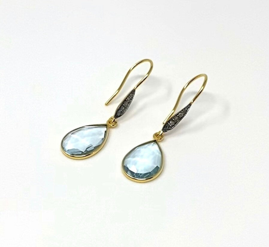 Genuine Sky Blue Topaz Pave Diamond Earrings, 14K Gold Plated Sterling