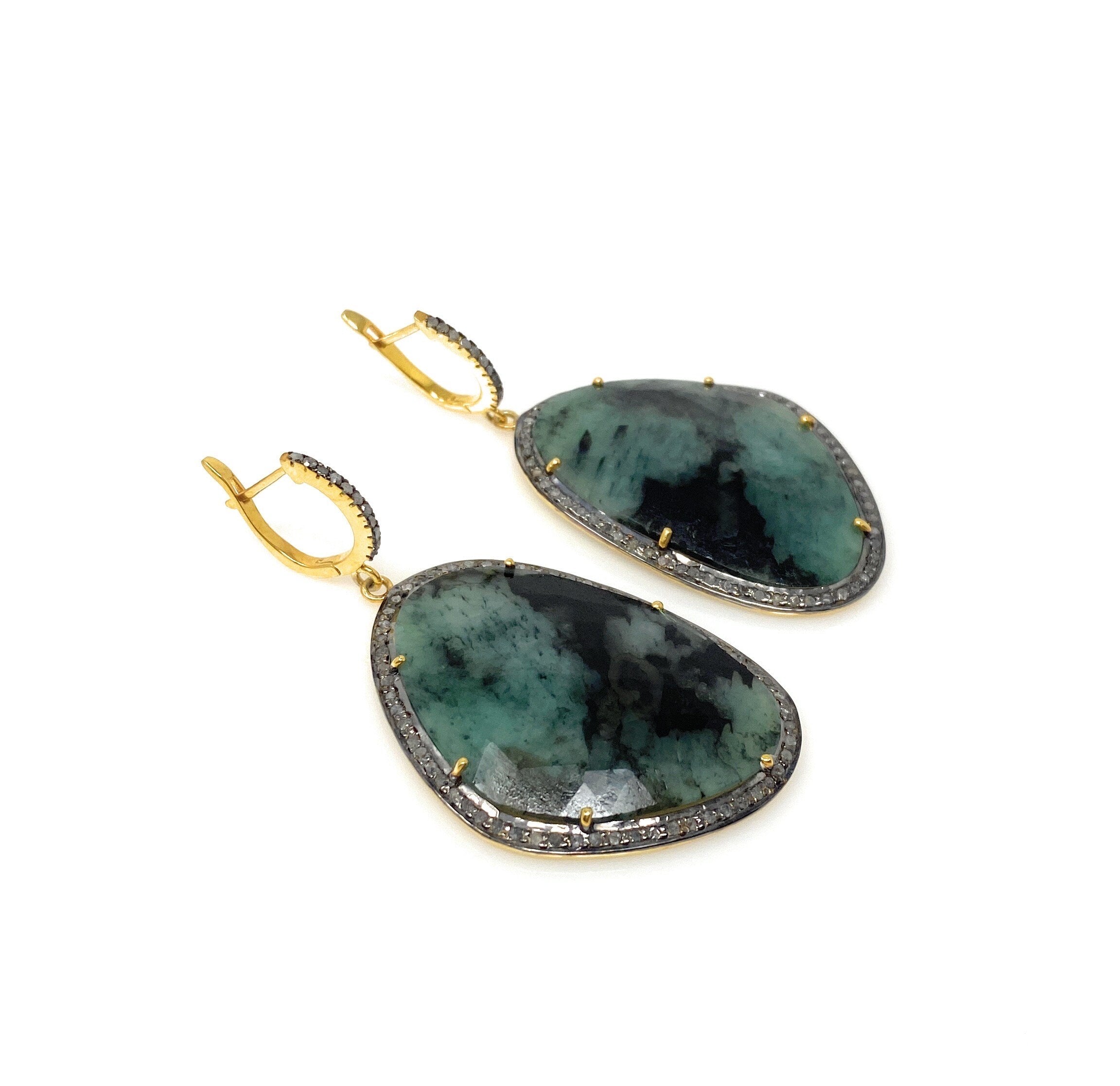 Genuine Emerald Pave Diamond Earrings, Natural Gemstone Earrings, Vict