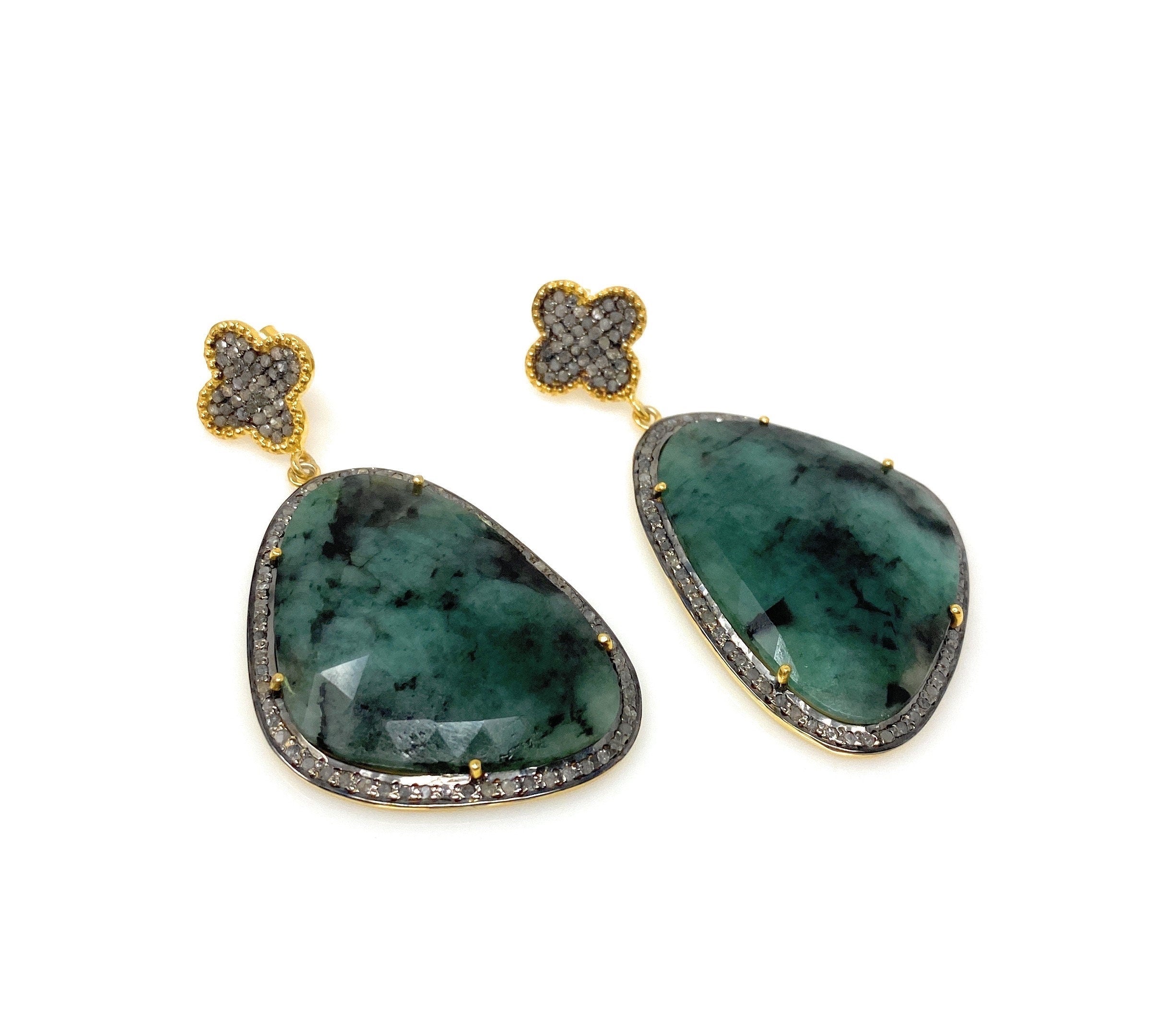 Genuine Emerald Pave Diamond Earrings, Natural Gemstone Earrings,