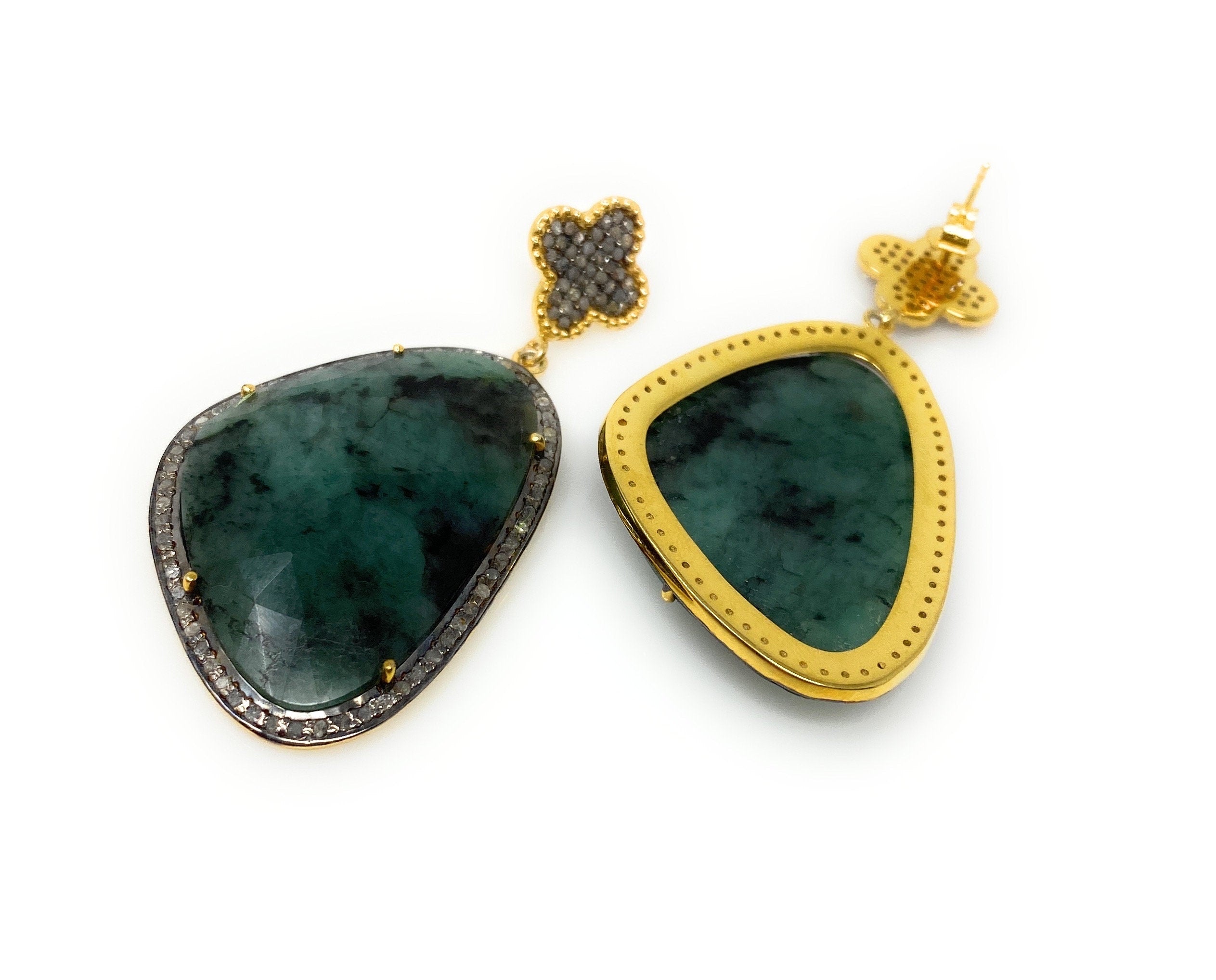 Genuine Emerald Pave Diamond Earrings, Natural Gemstone Earrings,