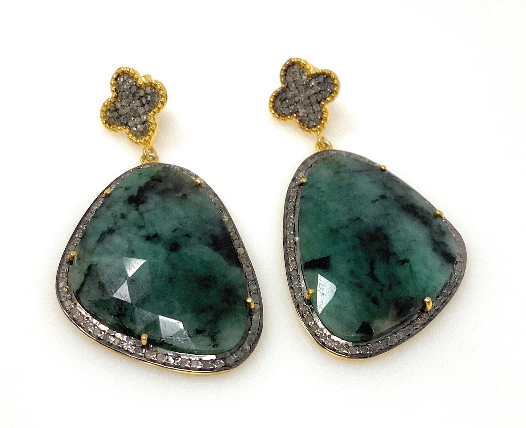 Genuine Emerald Pave Diamond Earrings, Natural Gemstone Earrings,