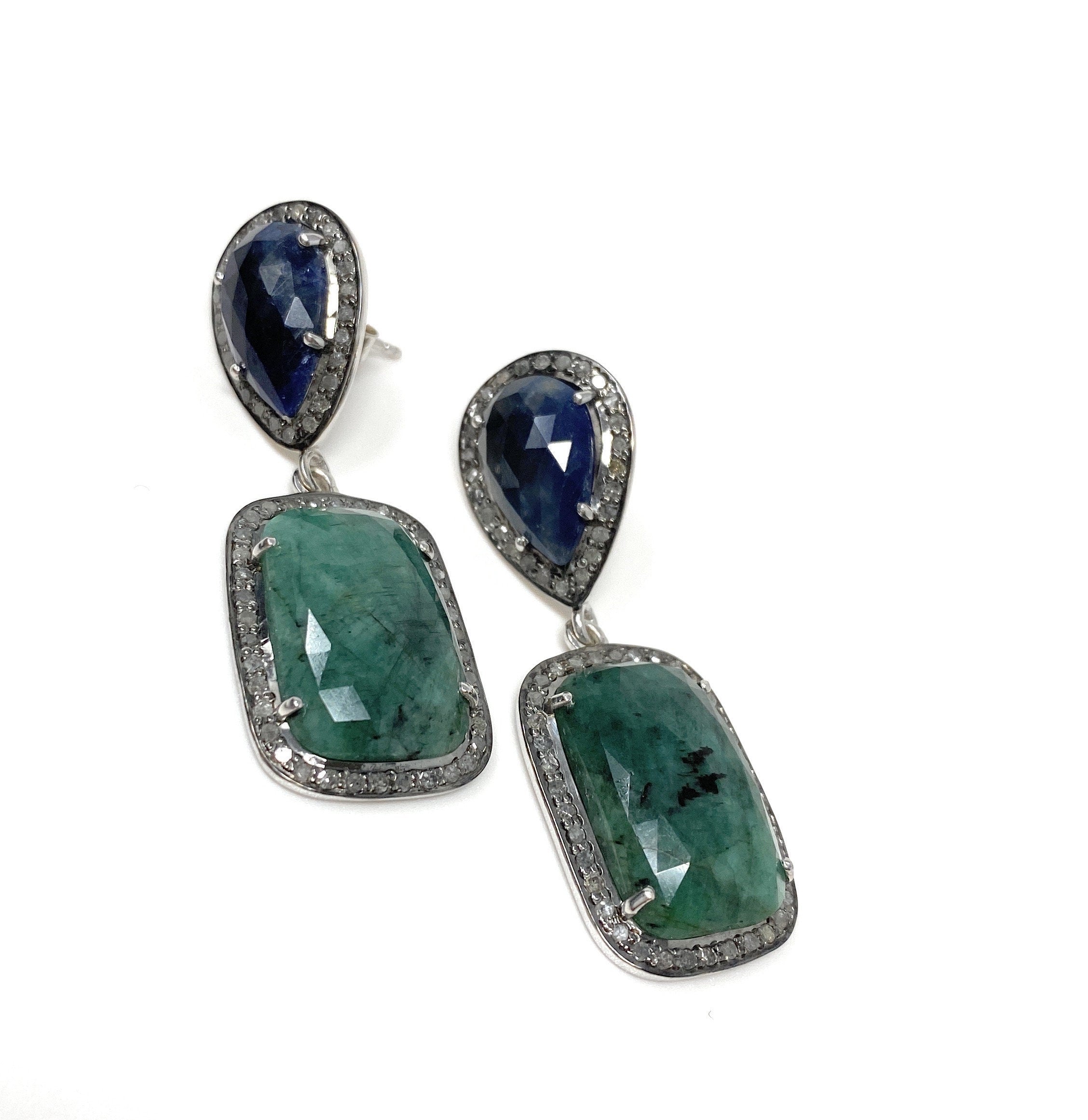 Genuine Emerald and Blue Sapphire  Pave Diamond Earrings, Sapphire Ear