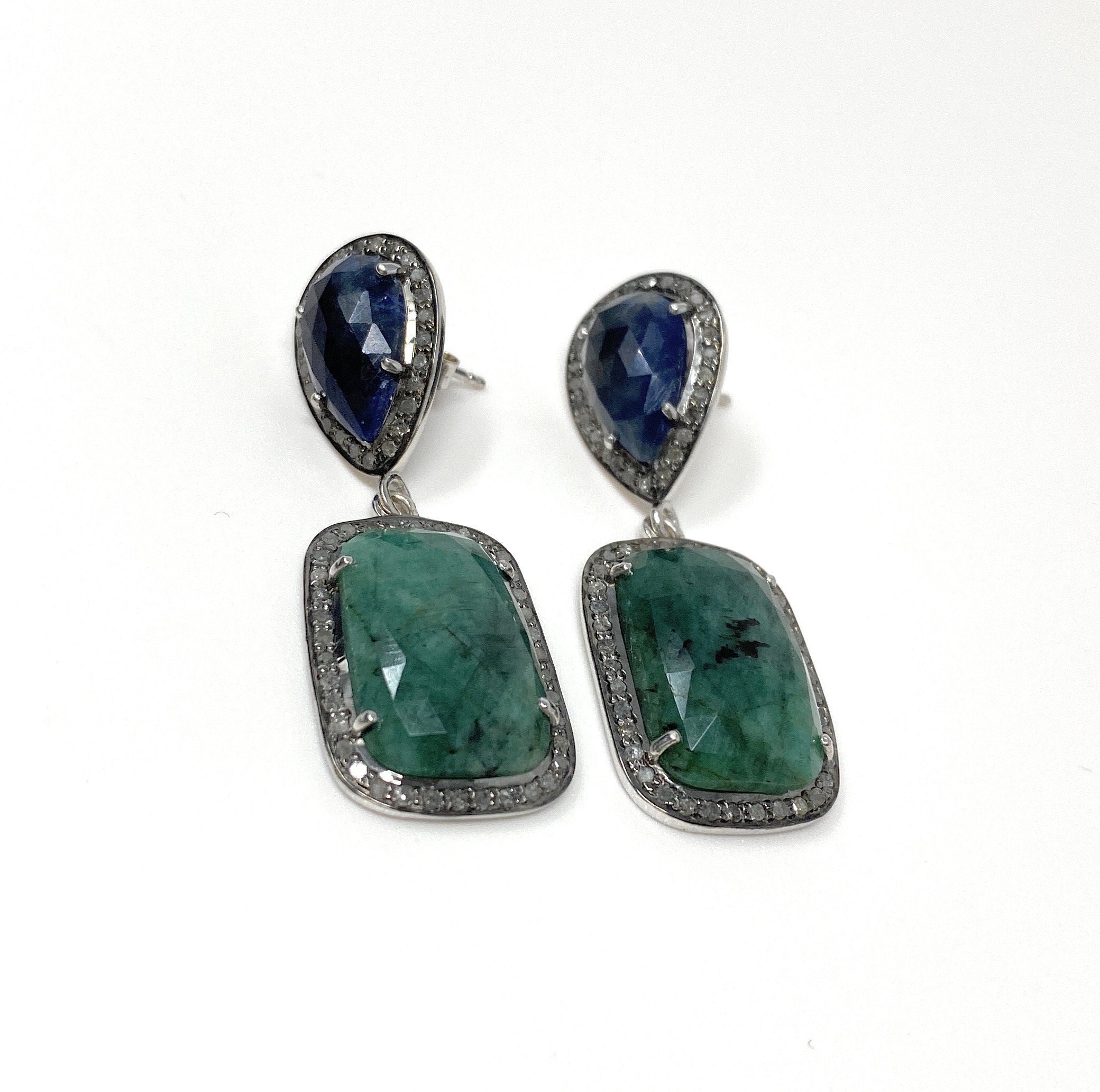 Genuine Emerald and Blue Sapphire  Pave Diamond Earrings, Sapphire Ear