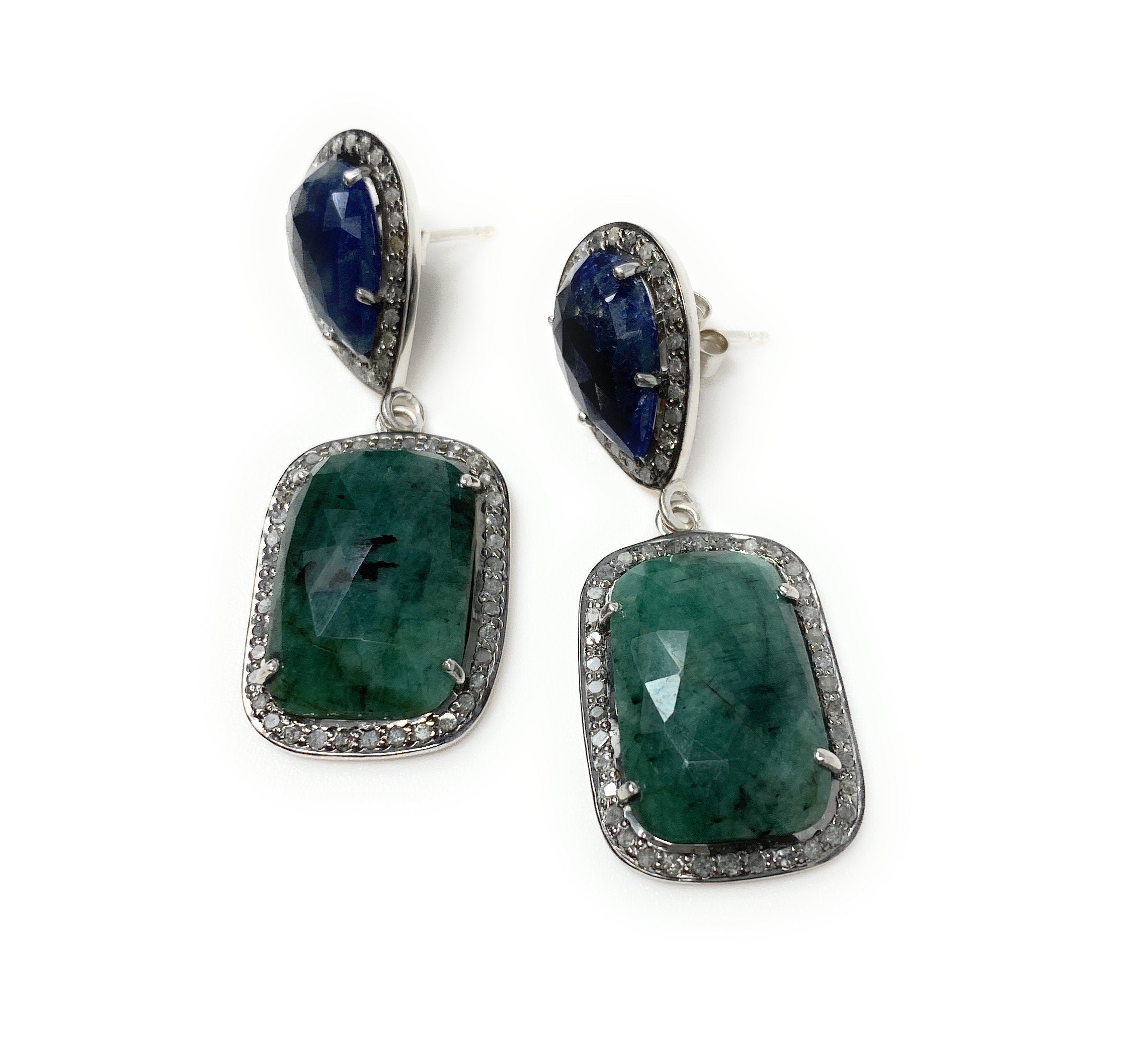 Genuine Emerald and Blue Sapphire  Pave Diamond Earrings, Sapphire Ear