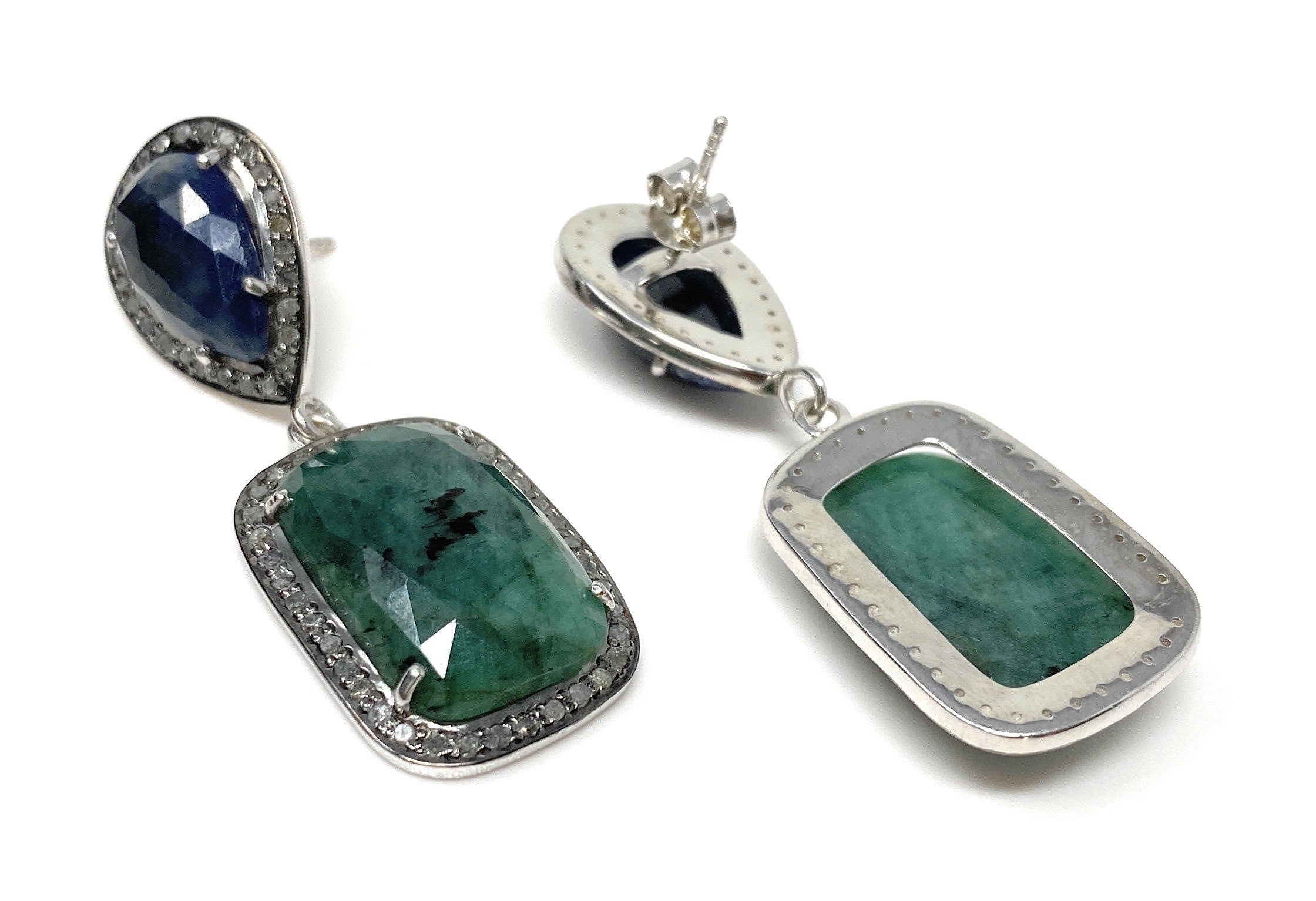 Genuine Emerald and Blue Sapphire  Pave Diamond Earrings, Sapphire Ear