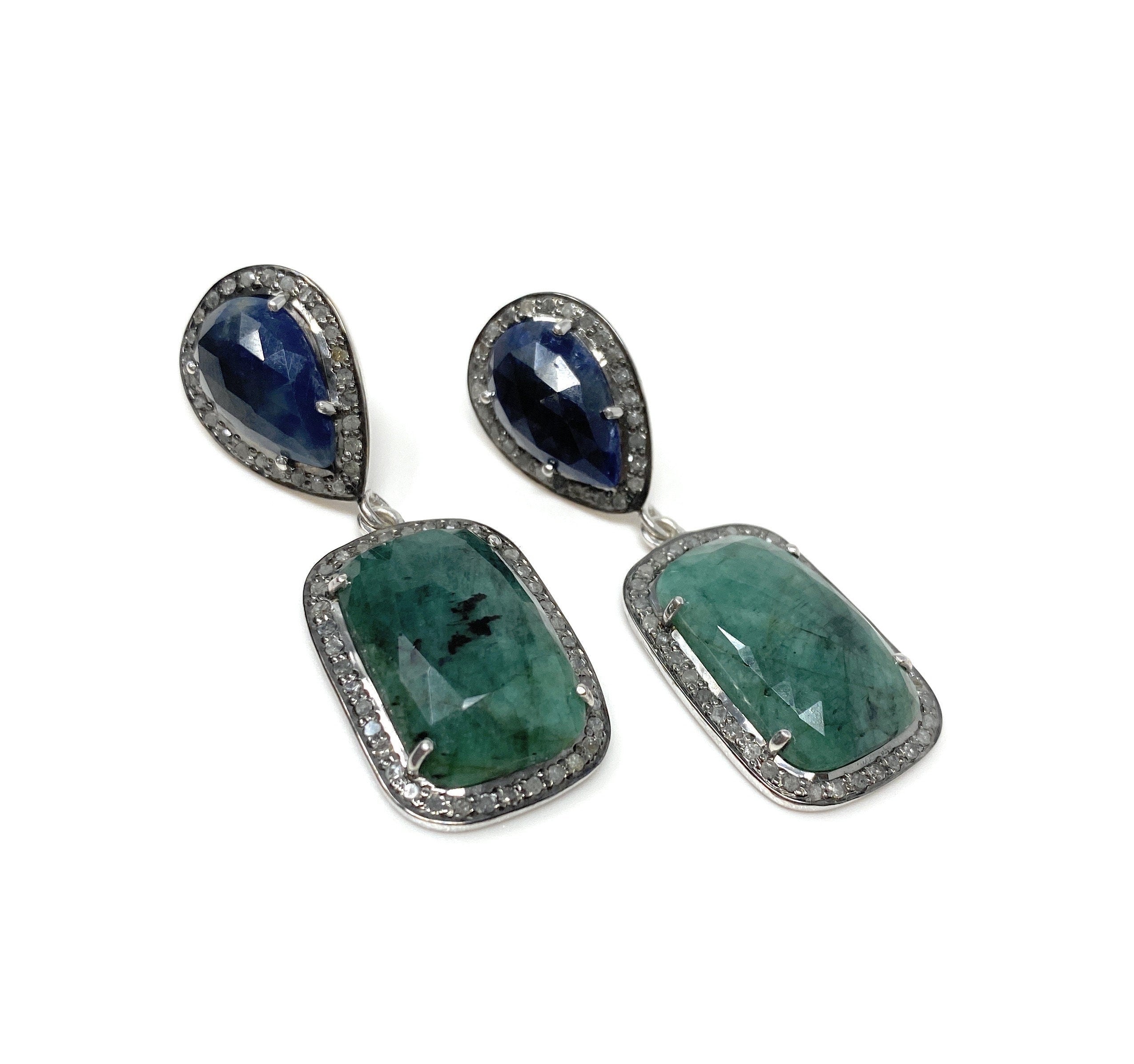 Genuine Emerald and Blue Sapphire  Pave Diamond Earrings, Sapphire Ear