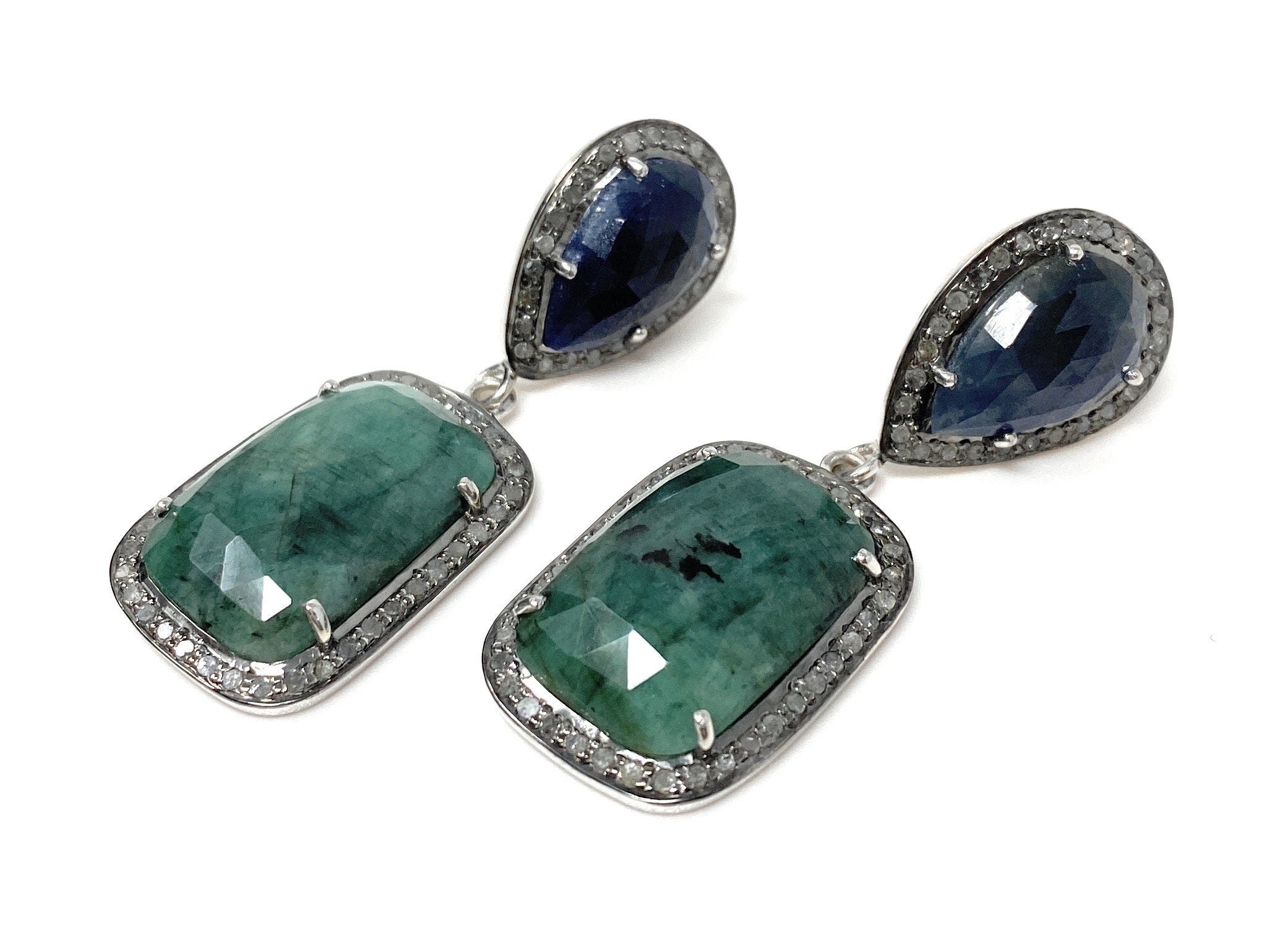 Genuine Emerald and Blue Sapphire  Pave Diamond Earrings, Sapphire Ear