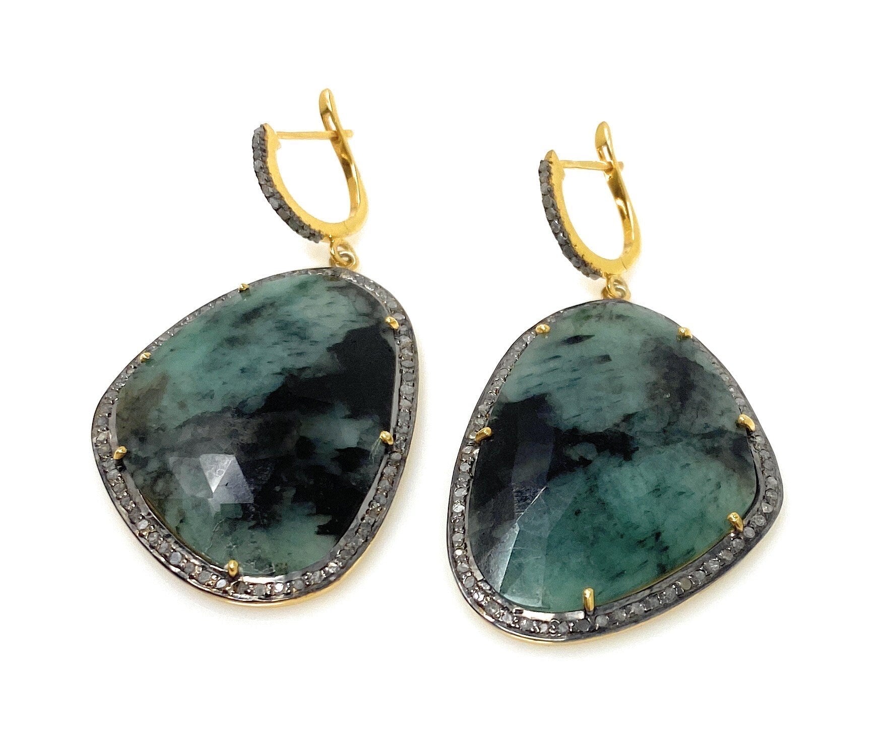 Genuine Emerald Pave Diamond Earrings, Natural Gemstone Earrings, Vict