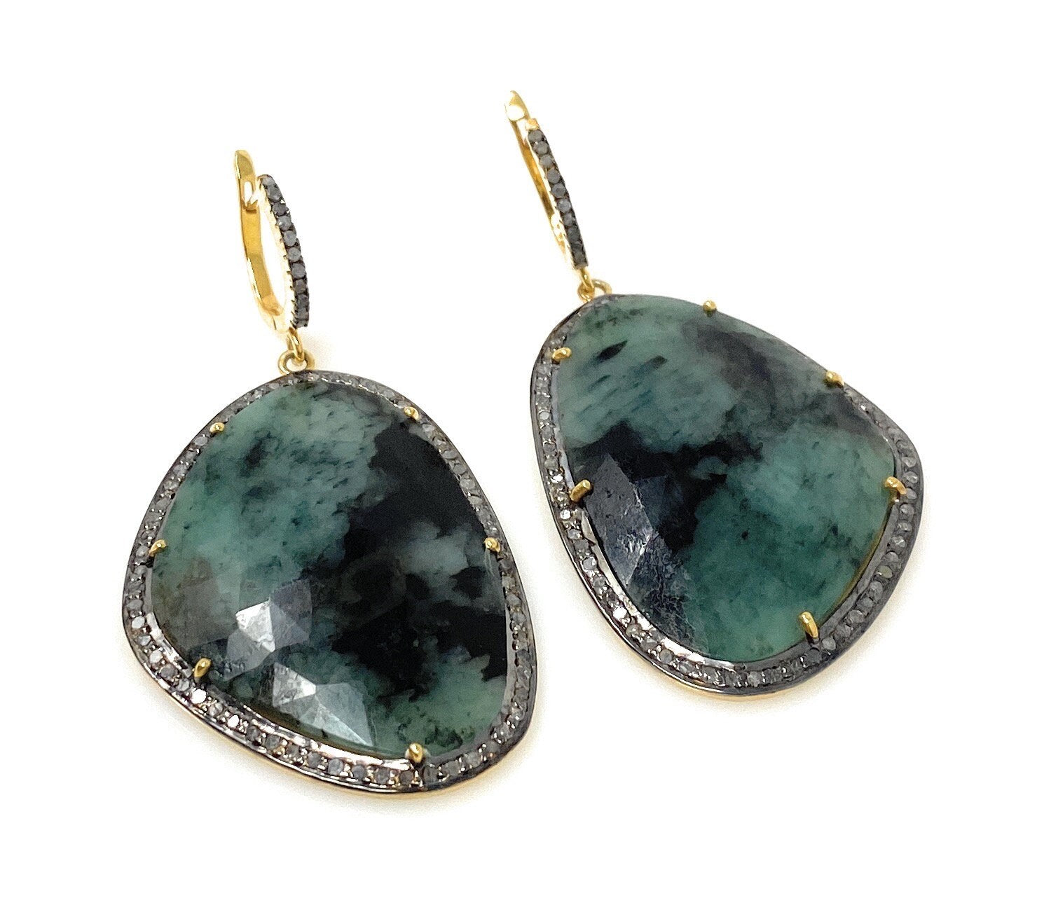 Genuine Emerald Pave Diamond Earrings, Natural Gemstone Earrings, Vict