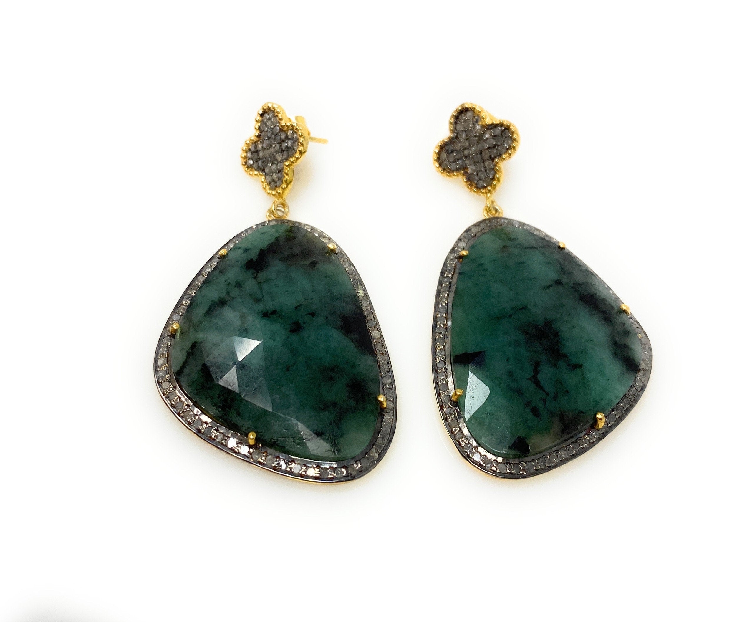 Genuine Emerald Pave Diamond Earrings, Natural Gemstone Earrings,