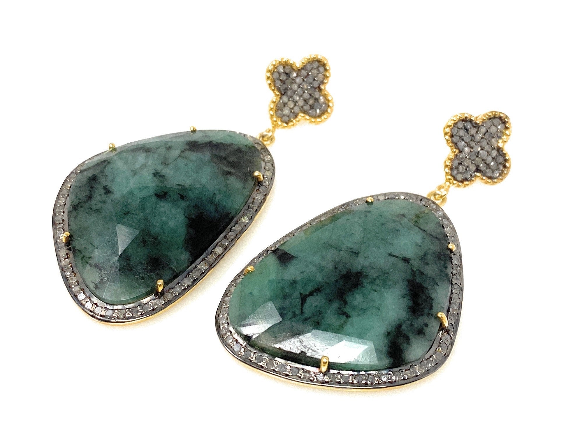 Genuine Emerald Pave Diamond Earrings, Natural Gemstone Earrings,