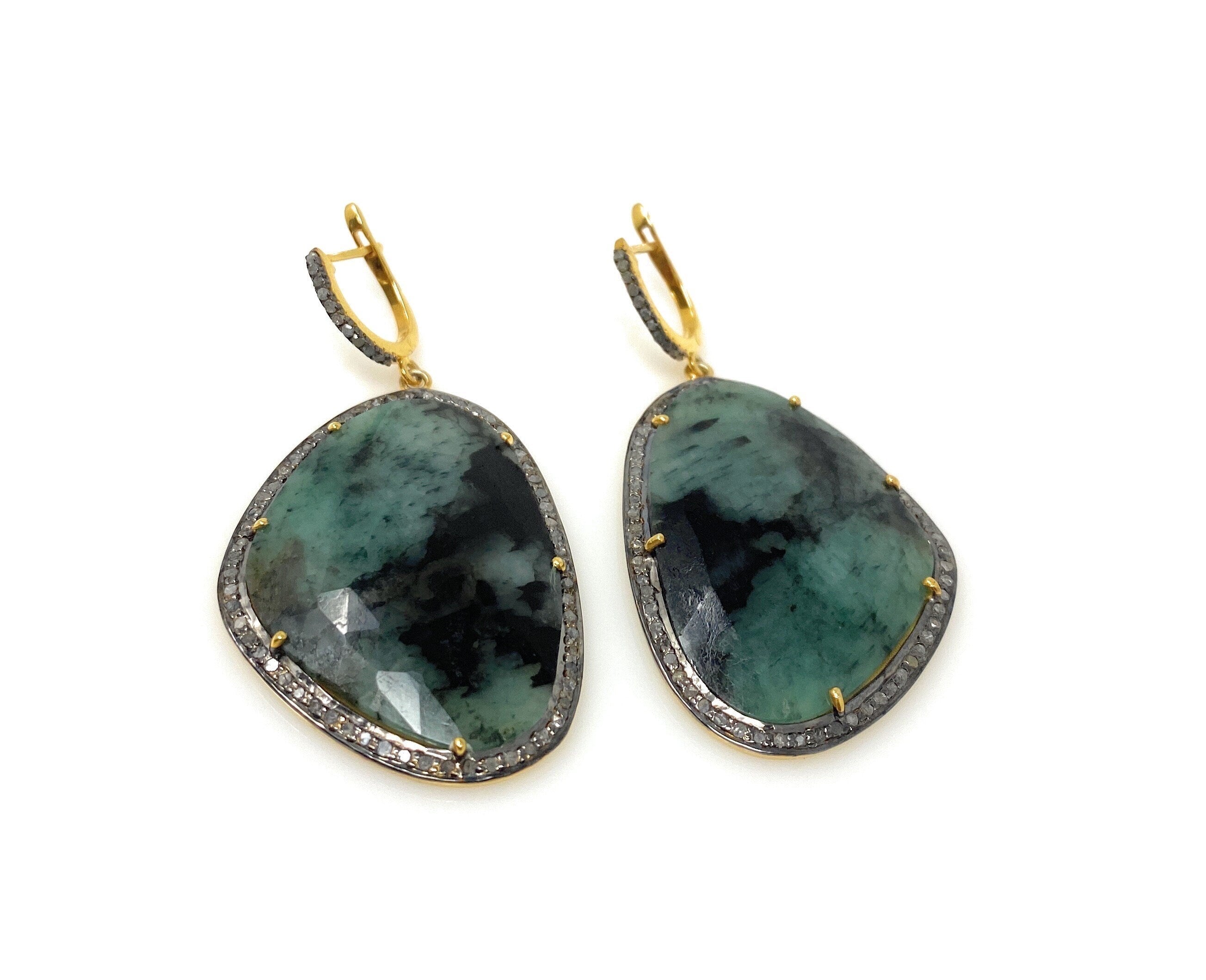 Genuine Emerald Pave Diamond Earrings, Natural Gemstone Earrings, Vict