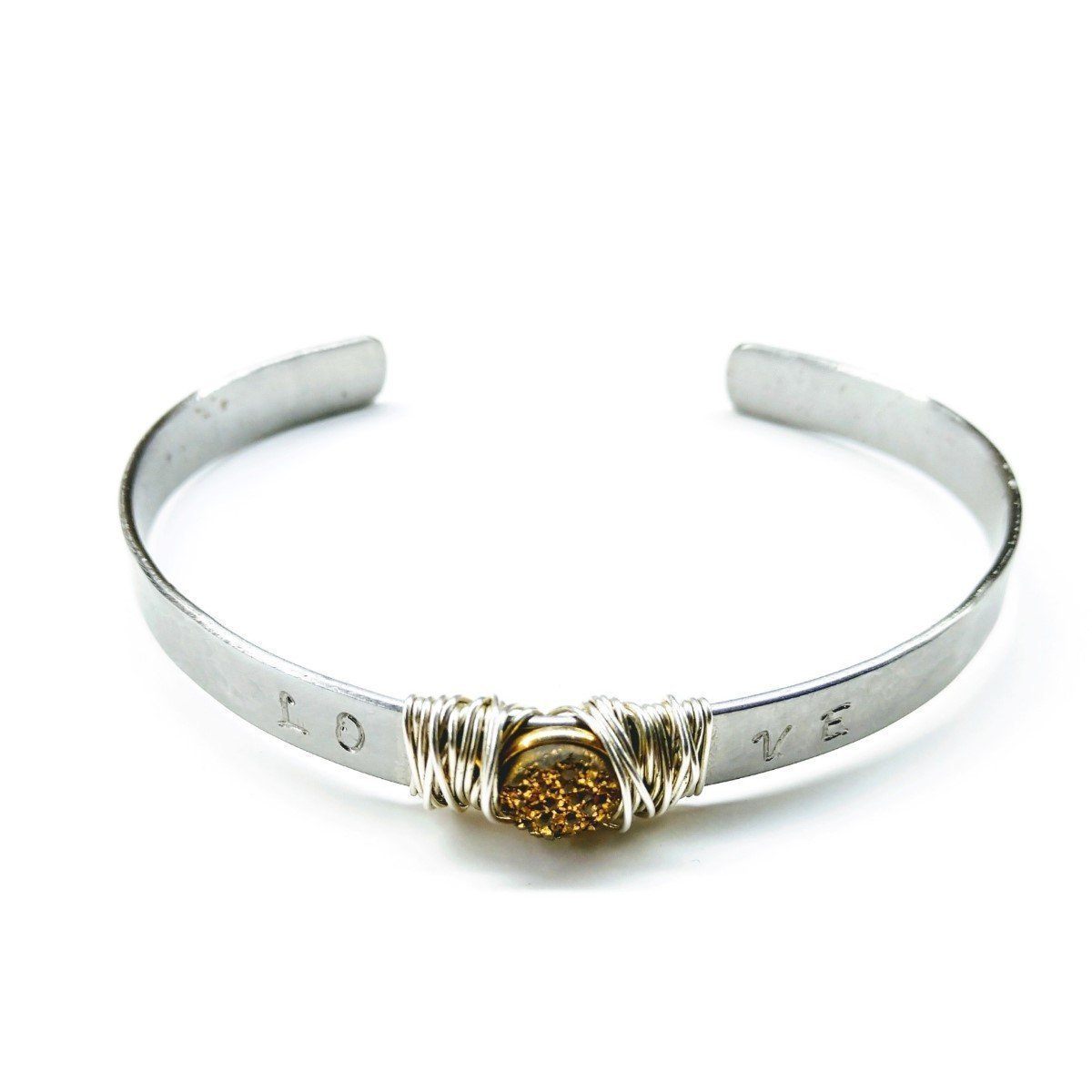 Stainless Steel LOVE Stamped Silver Wire Wrap Gold Druzy Bangle Cuff