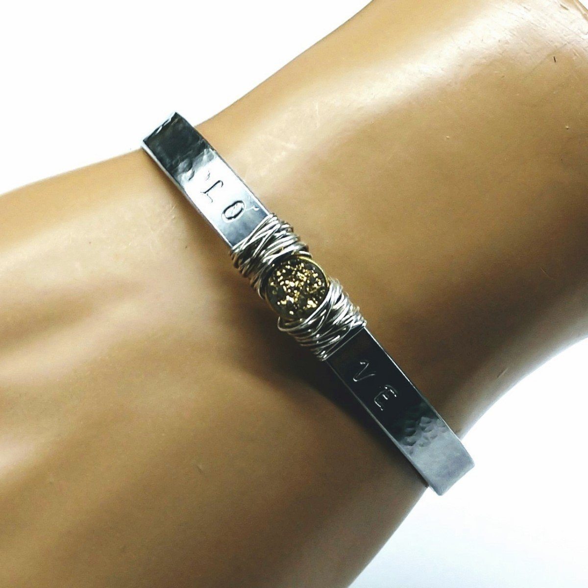 Stainless Steel LOVE Stamped Silver Wire Wrap Gold Druzy Bangle Cuff