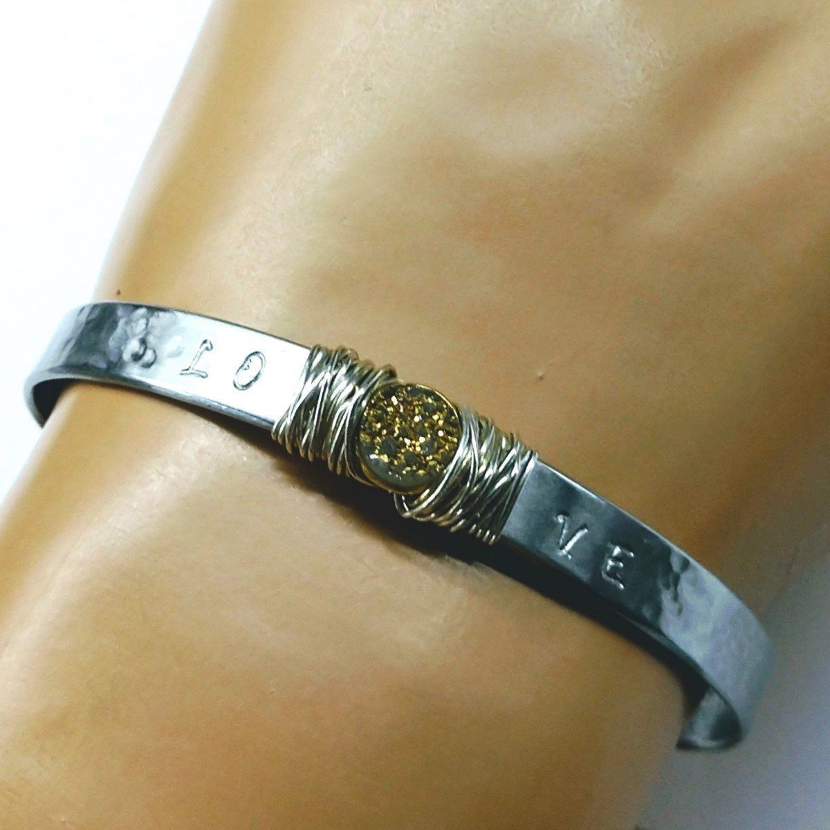 Stainless Steel LOVE Stamped Silver Wire Wrap Gold Druzy Bangle Cuff