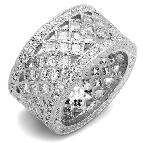 LO3350 - Rhodium Brass Ring with AAA Grade CZ  in Clear