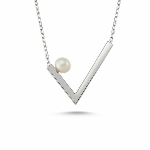 V Shape Dainty Lyra Pearl Necklace in Silver