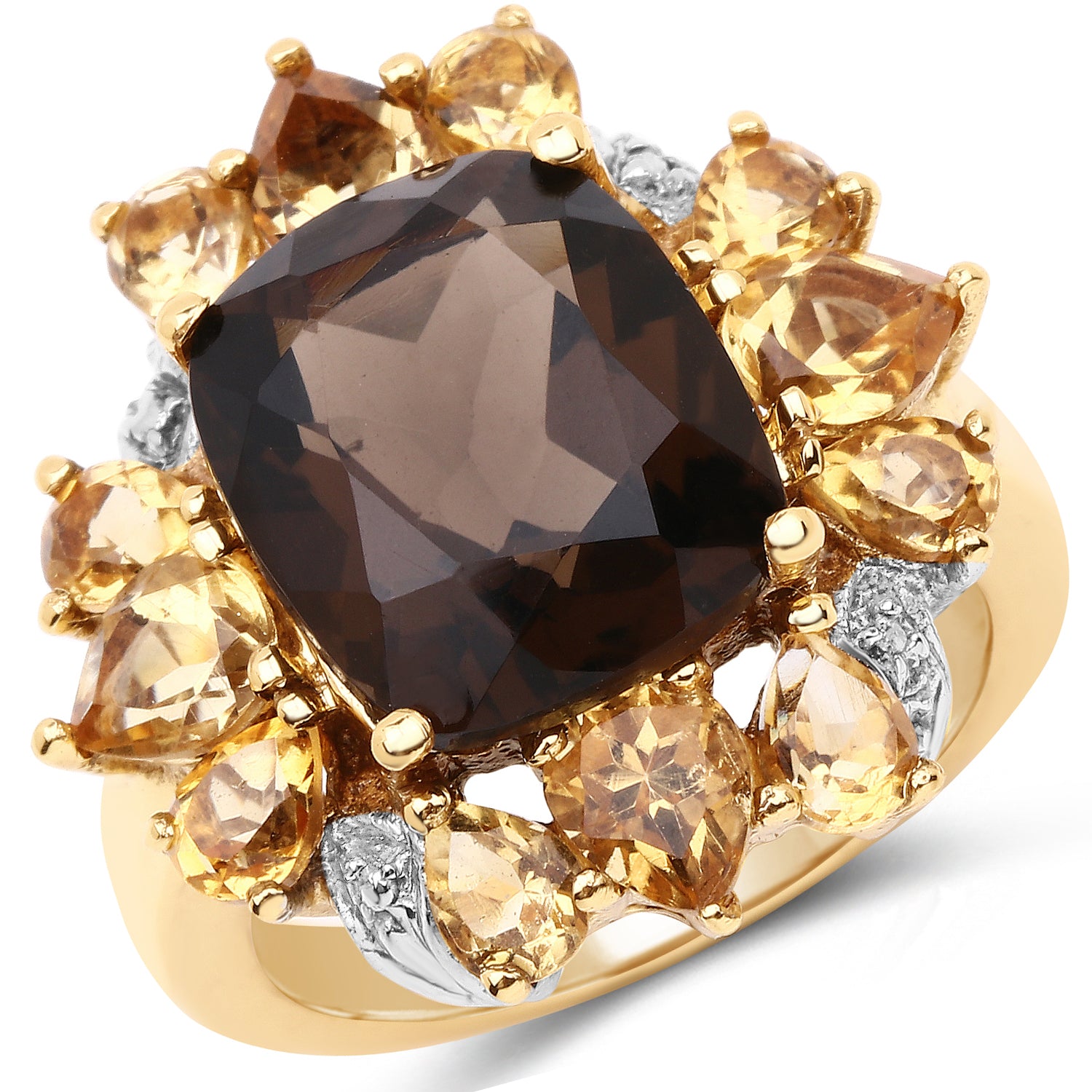 14K Yellow Gold Plated 7.10 Carat Genuine Smoky Quartz, Citrine Ring