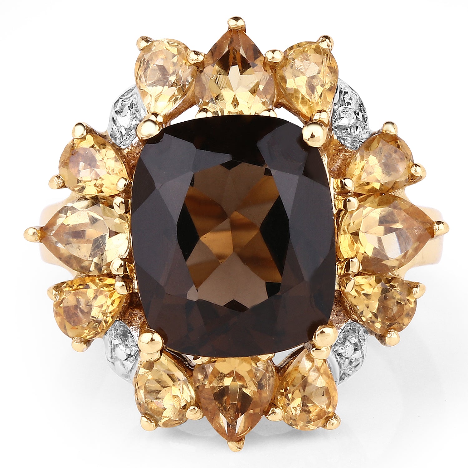 14K Yellow Gold Plated 7.10 Carat Genuine Smoky Quartz, Citrine Ring