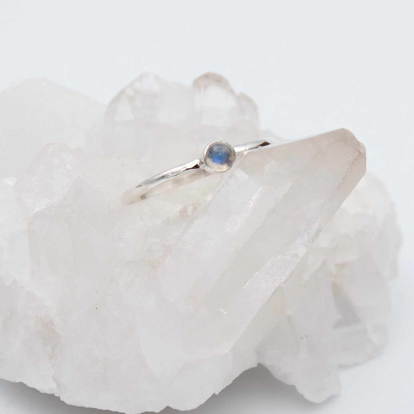 Dainty Rainbow Moonstone Round Bezel Sterling Silver Ring