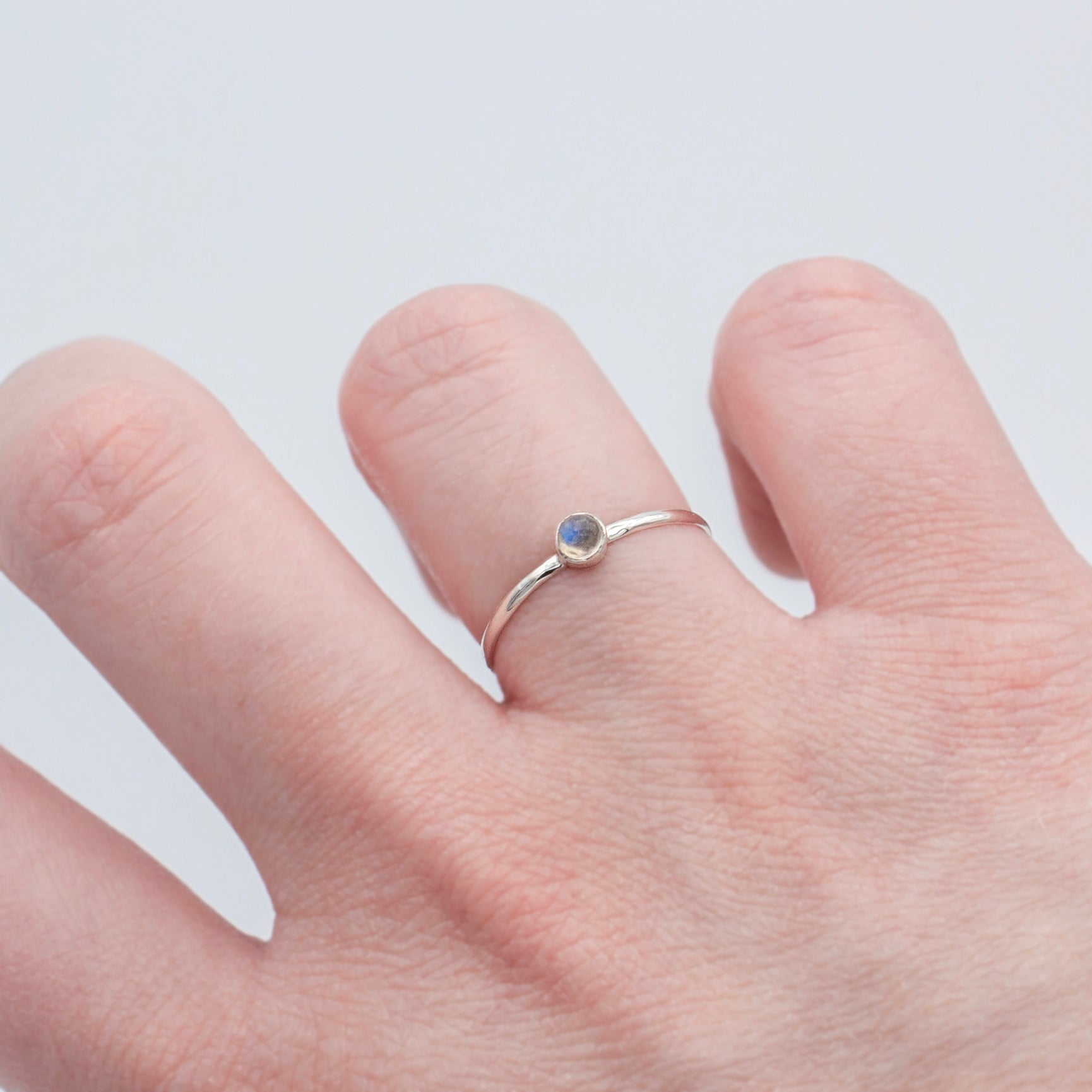 Dainty Rainbow Moonstone Round Bezel Sterling Silver Ring