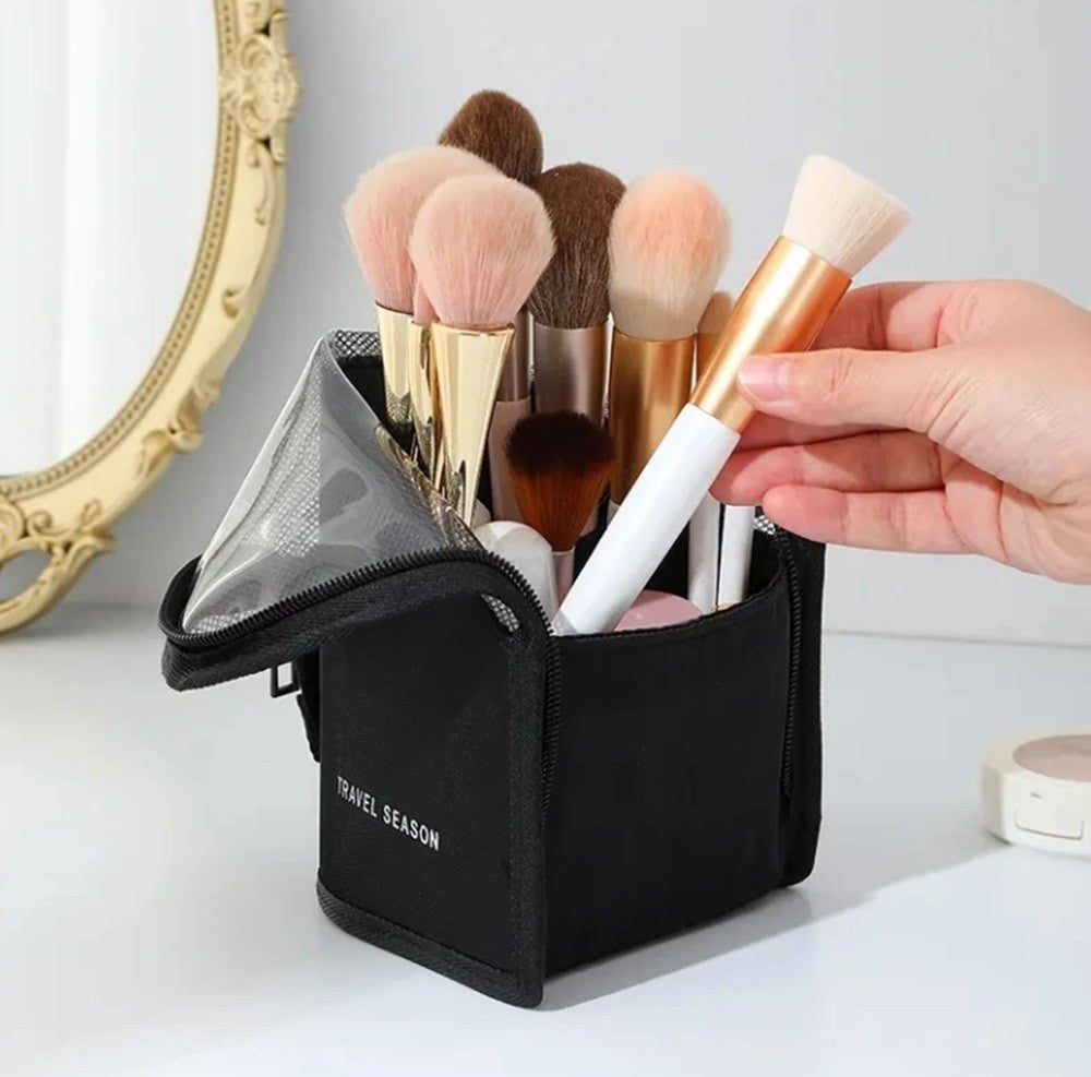 Travel Makeup Brush Holder – Clear Stand-Up Waterproof Cosmetic Organizer Pouch, Black