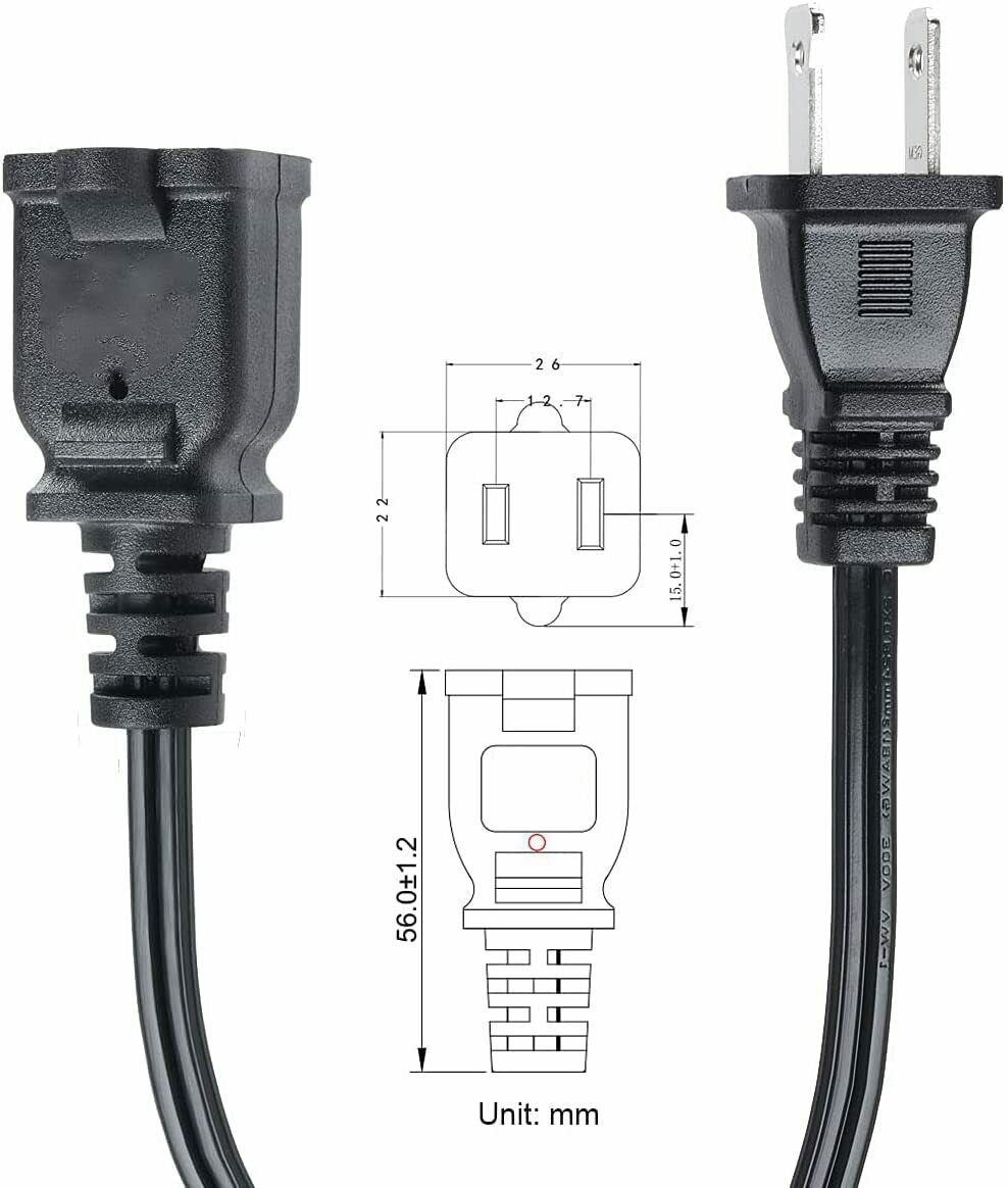 5 Core 2-Prong Male-Female Extension Power Cord Cable, Outlet