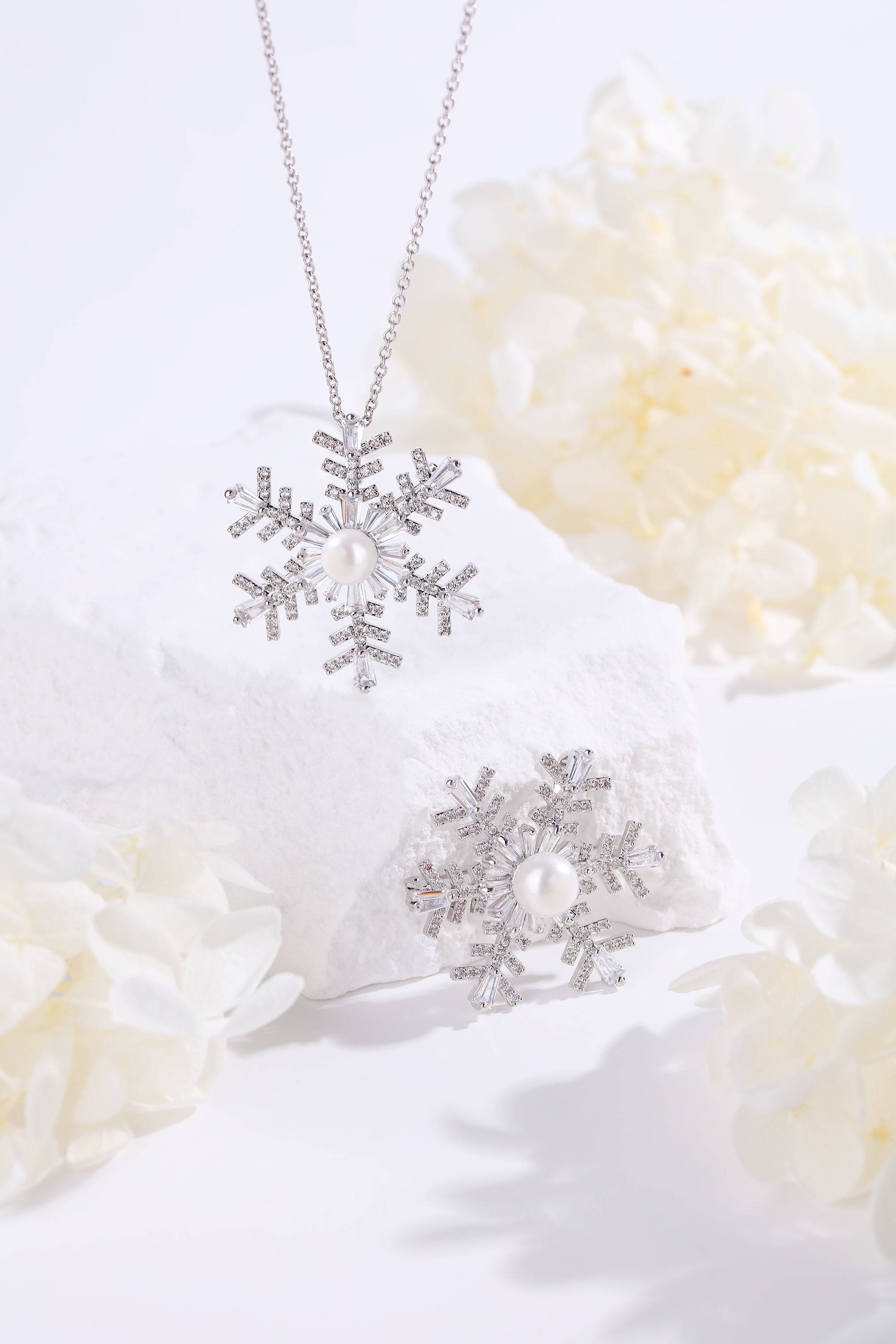 Silver Pavé and Pearl Snowflake Brooch Necklace Set