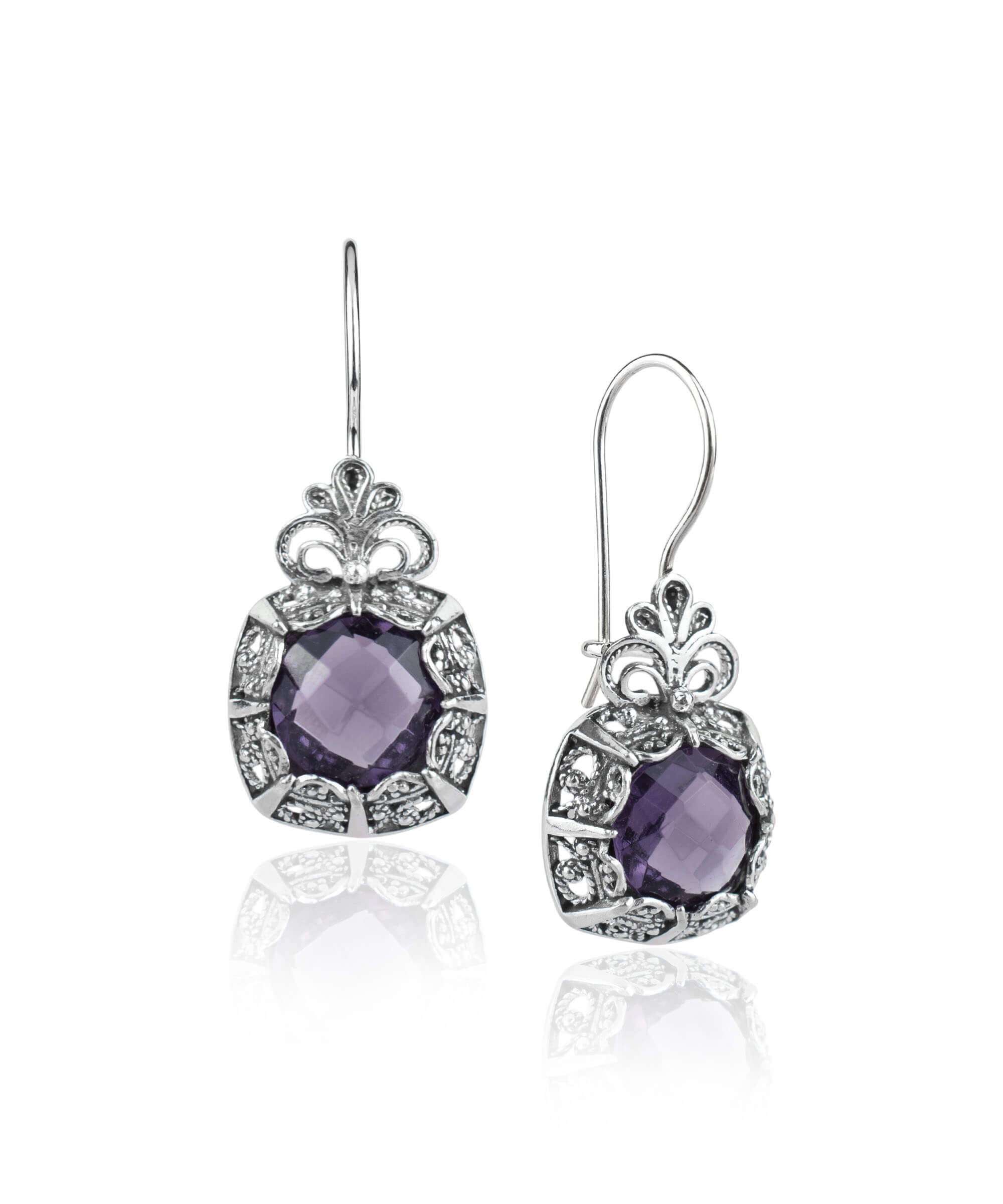 Filigree Art Amethyst Gemstone Women Silver Drop Earrings