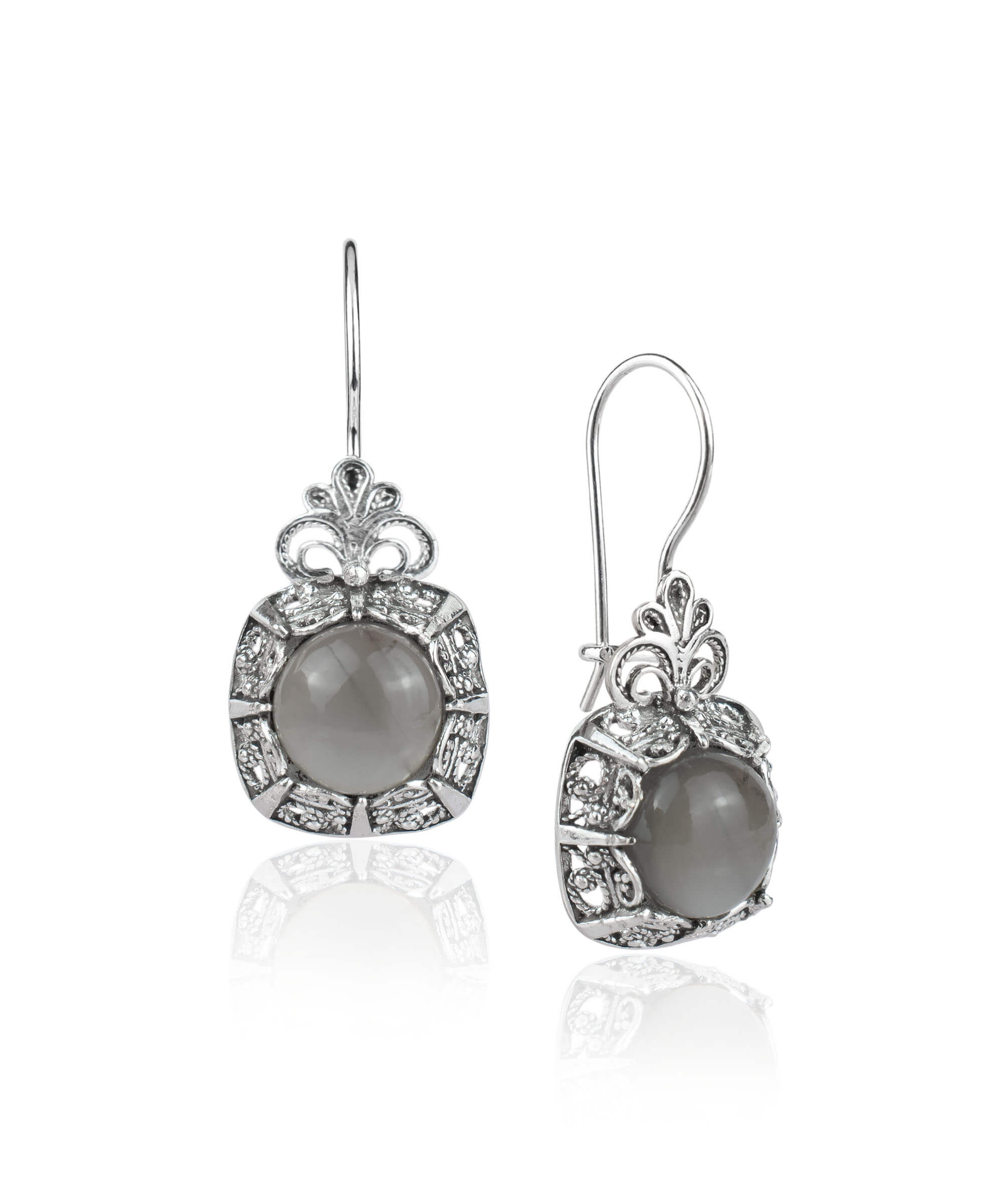 Filigree Art Gray Moonstone Gemstone Women Silver Drop Earrings