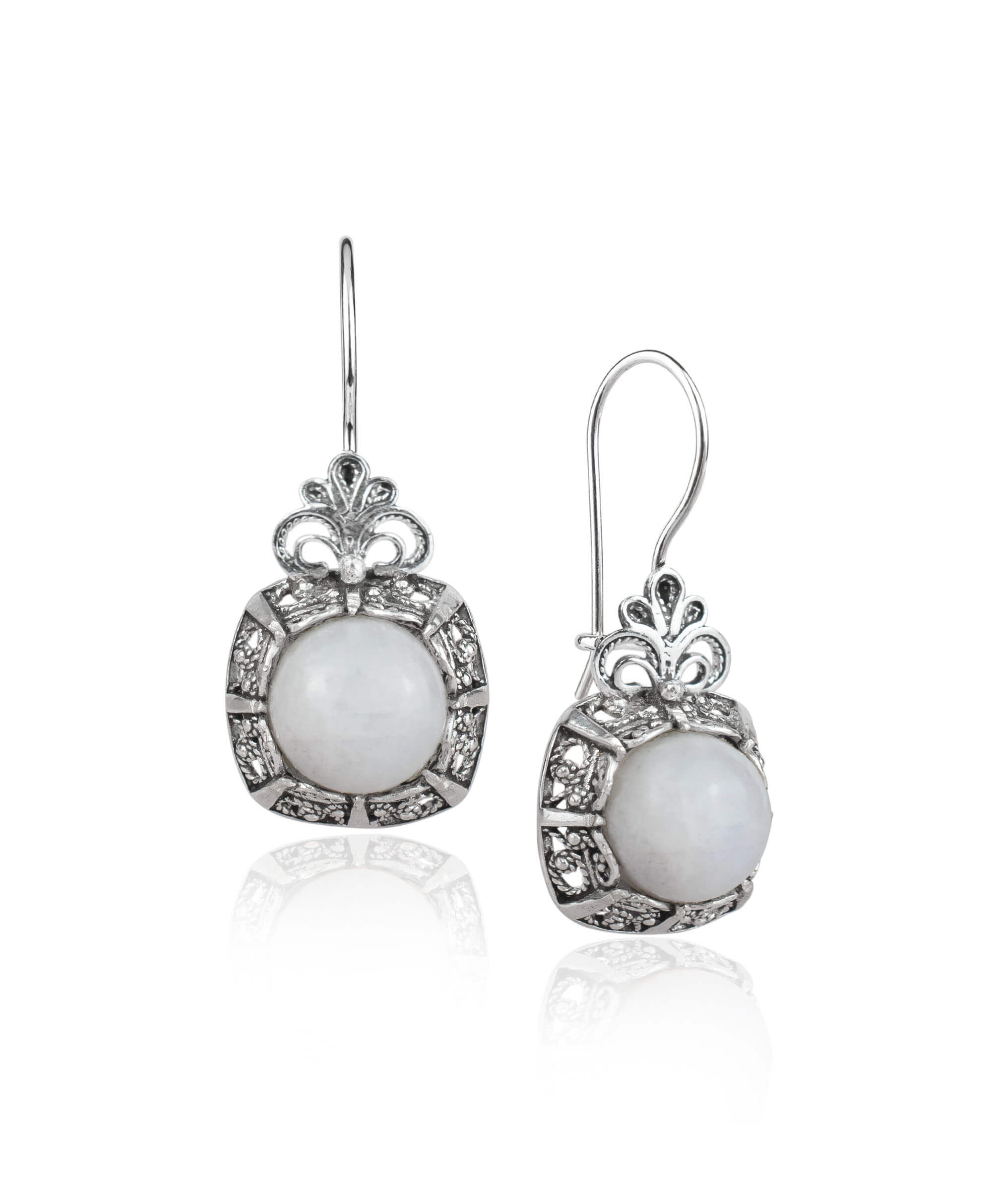 Filigree Art Moonstone Gemstone Women Silver Drop Earrings