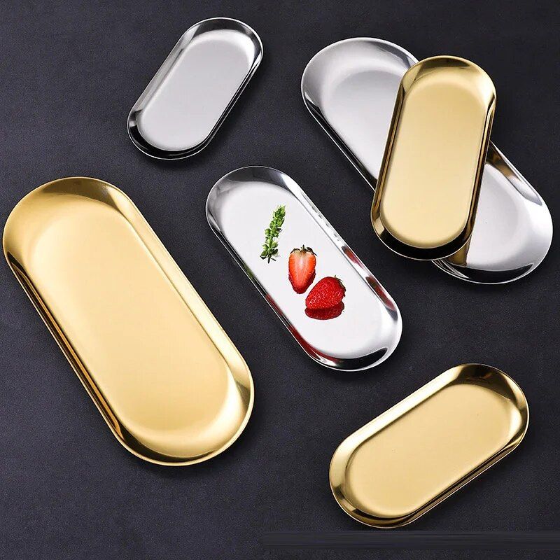 Multi-Purpose Stainless Steel Tray – Elegant Organizer for Jewelry, Cosmetics, and Snacks