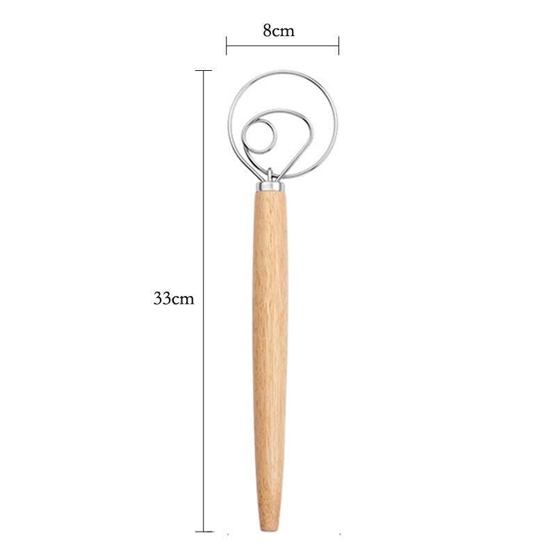 Multi-Function Danish Dough Whisk with Wood Handle - Stainless Steel Hand Mixer for Baking