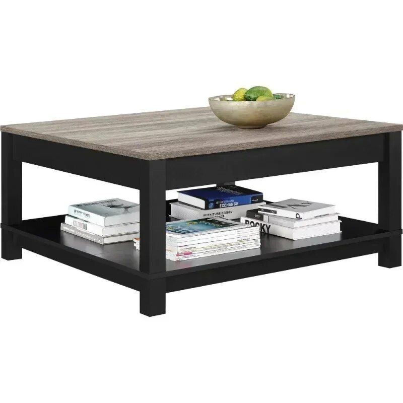 Elegant Matte Black Coffee Table with Woodgrain Top