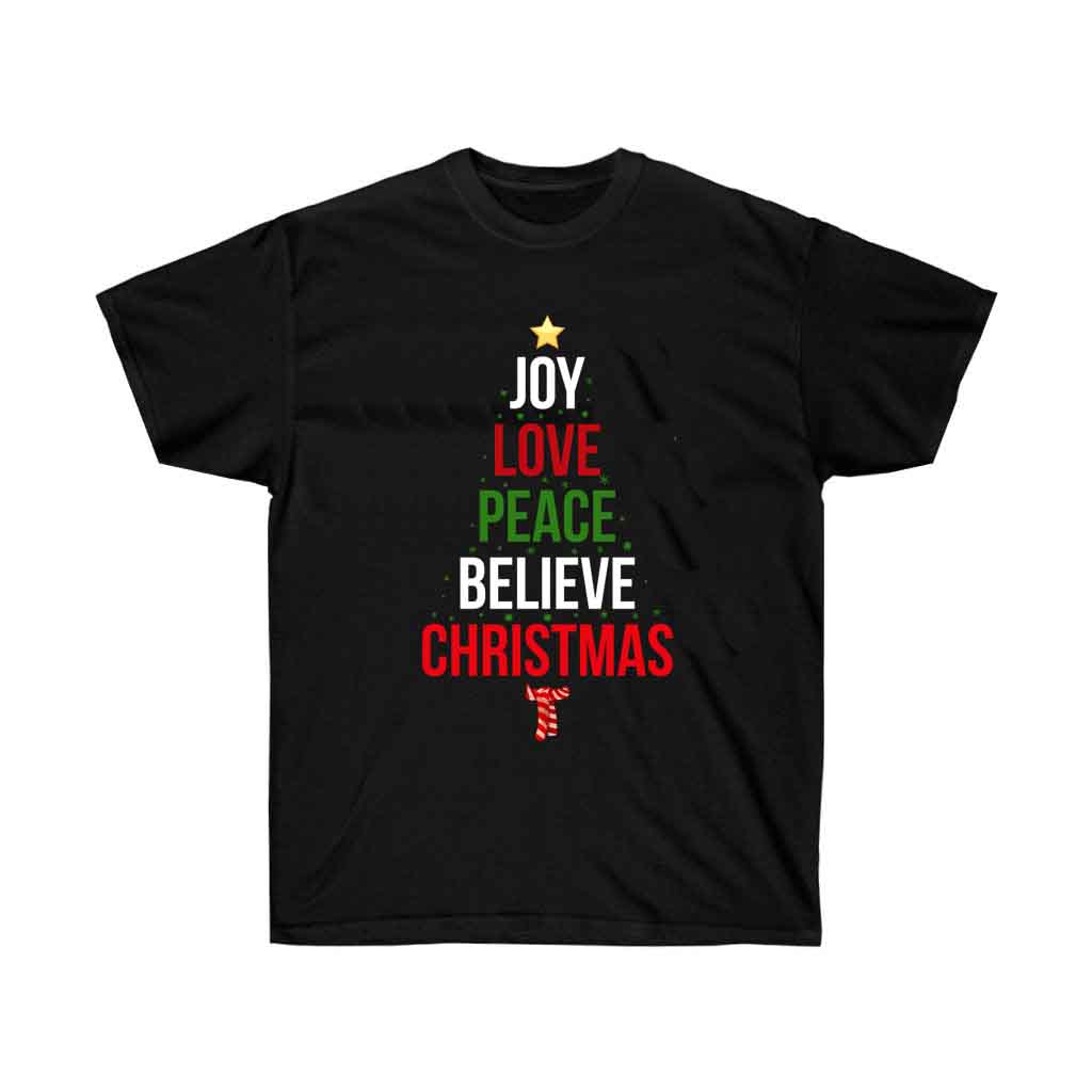 "Joy Love Peace Believe Christmas" T-shirt