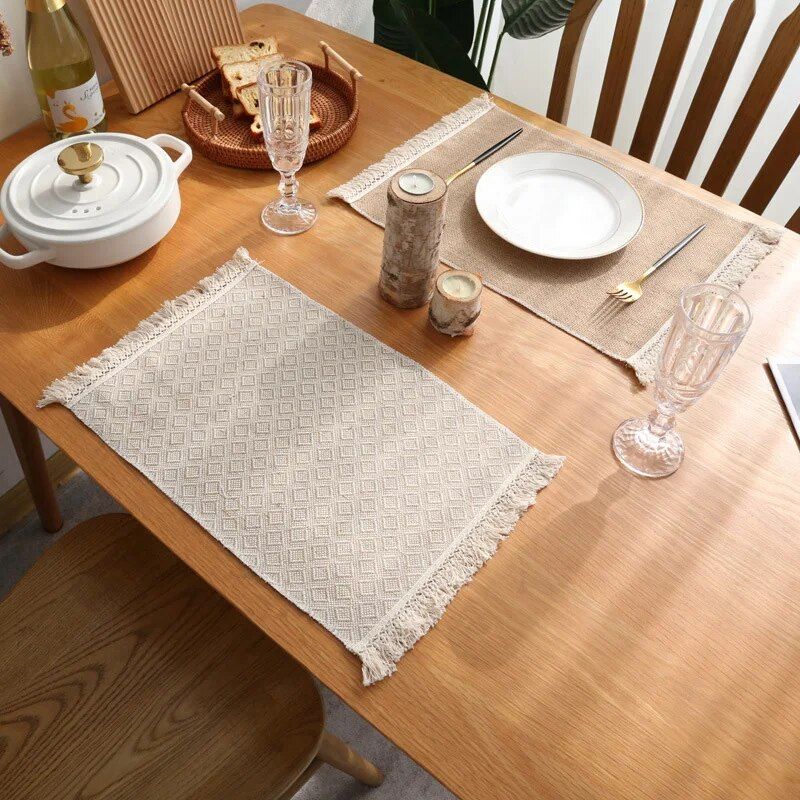 Elegant Jute & Linen Tassel Table Mats - Prairie Chic Rectangular Placemats for Home & Events