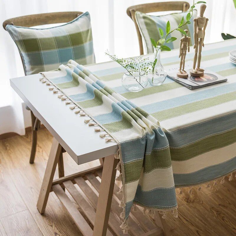 Green Striped Cotton Linen Tablecloth with Tassel Hem