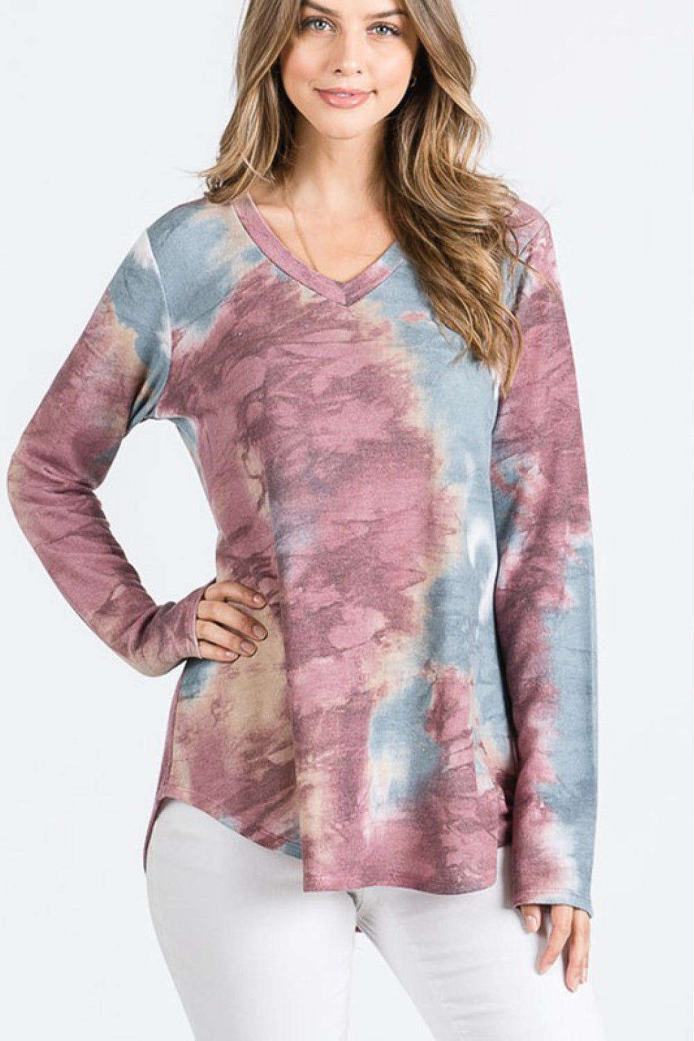 Tie-Dye V-Neck Long Sleeve Top