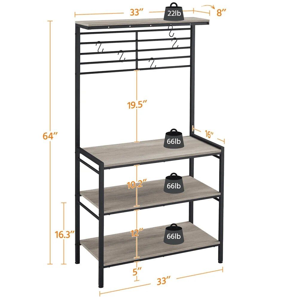 Modern Gray 4-Tier Baker's Rack with Hooks