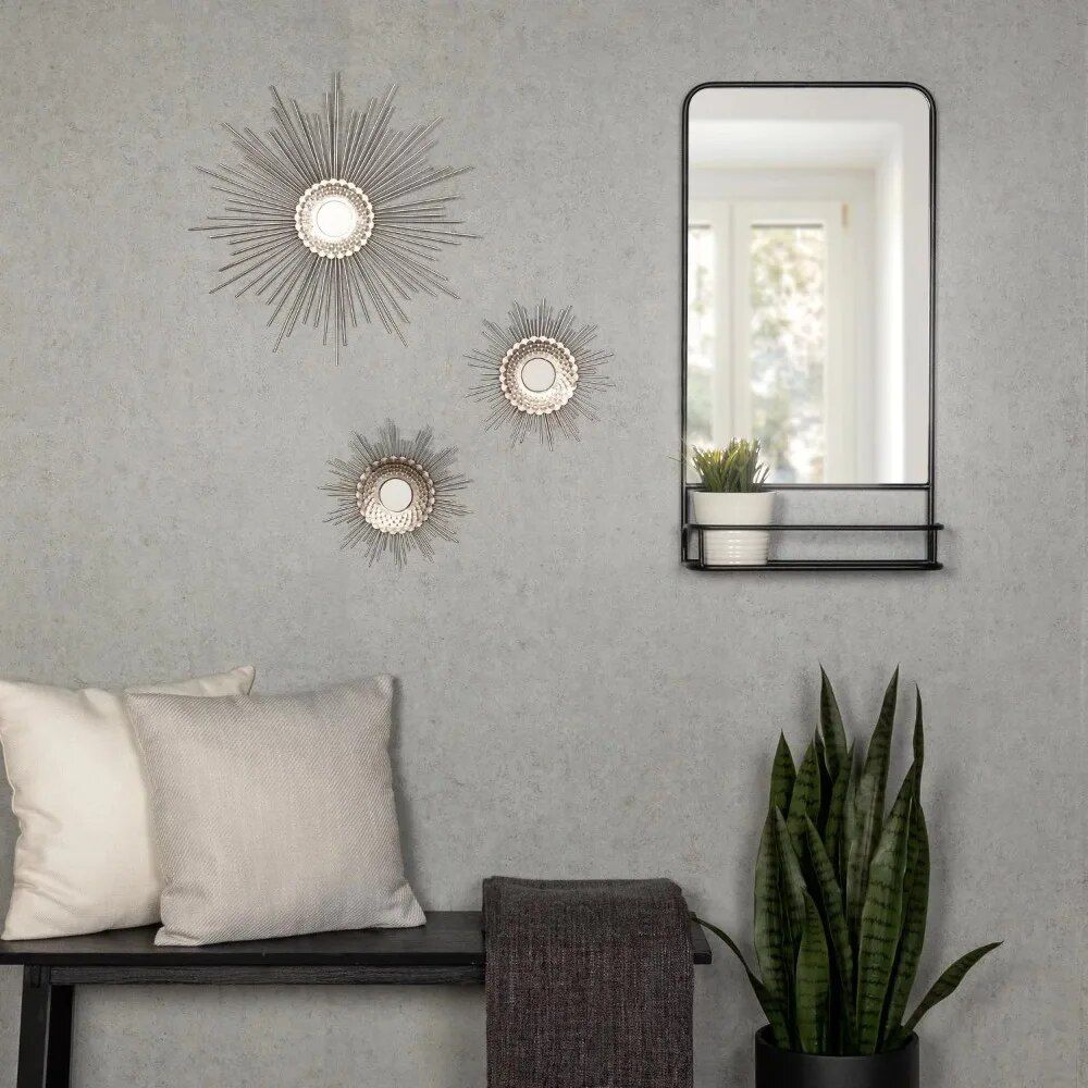 Modern Black Metal Wall Mirror with Shelf - 15.5 x 30 inch Rectangular Magnifying Mirror