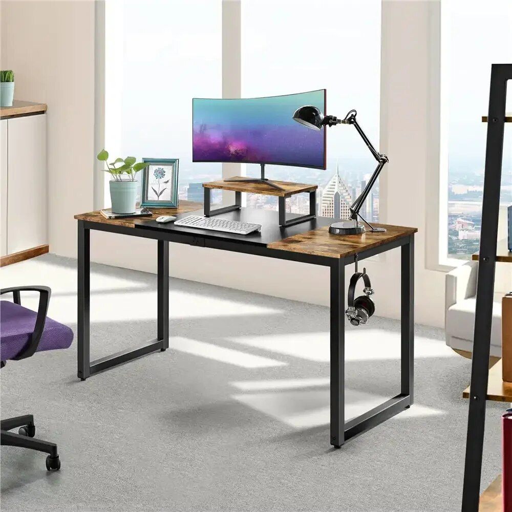 Industrial-Style Rustic Brown & Black Computer Desk with Monitor Stand