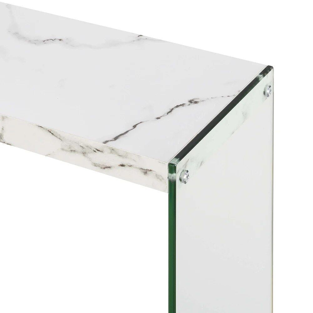 Elegant White Faux Marble & Glass Console Table with Shelf