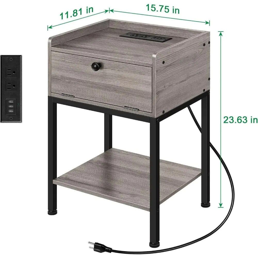 Modern Morocco Wood Side Table with Built-in Charging Station and Storage