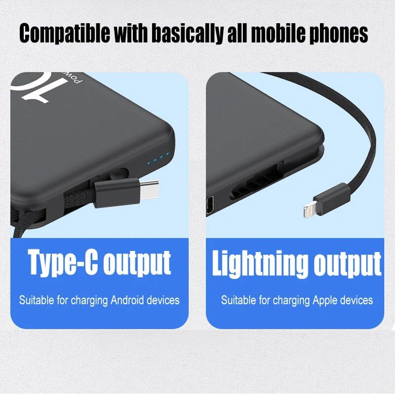 Ultra-Compact 10000mAh Dual-Cable Power Bank