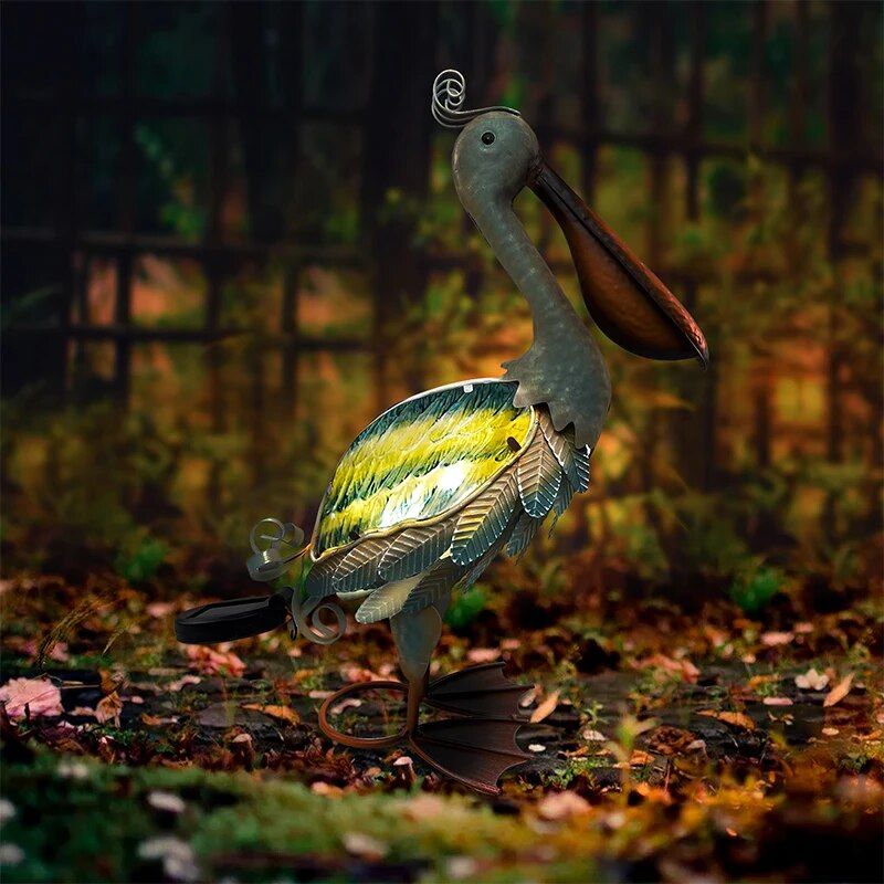 Solar-Powered Metal Pelican Garden Sculpture with LED Light