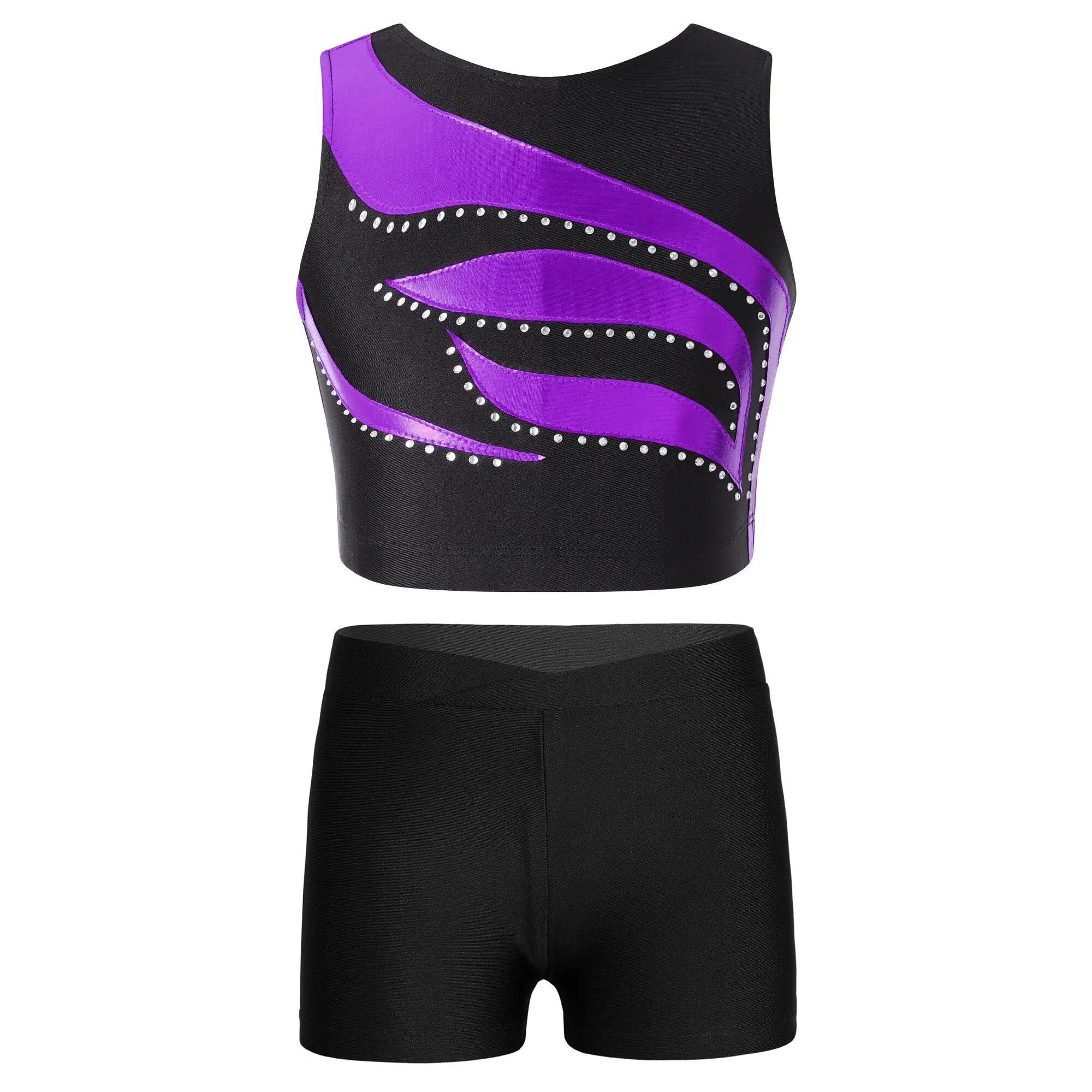 Girls Dance & Gymnastics Outfit - Sleeveless Shiny Rhinestone Crop Top with Shorts