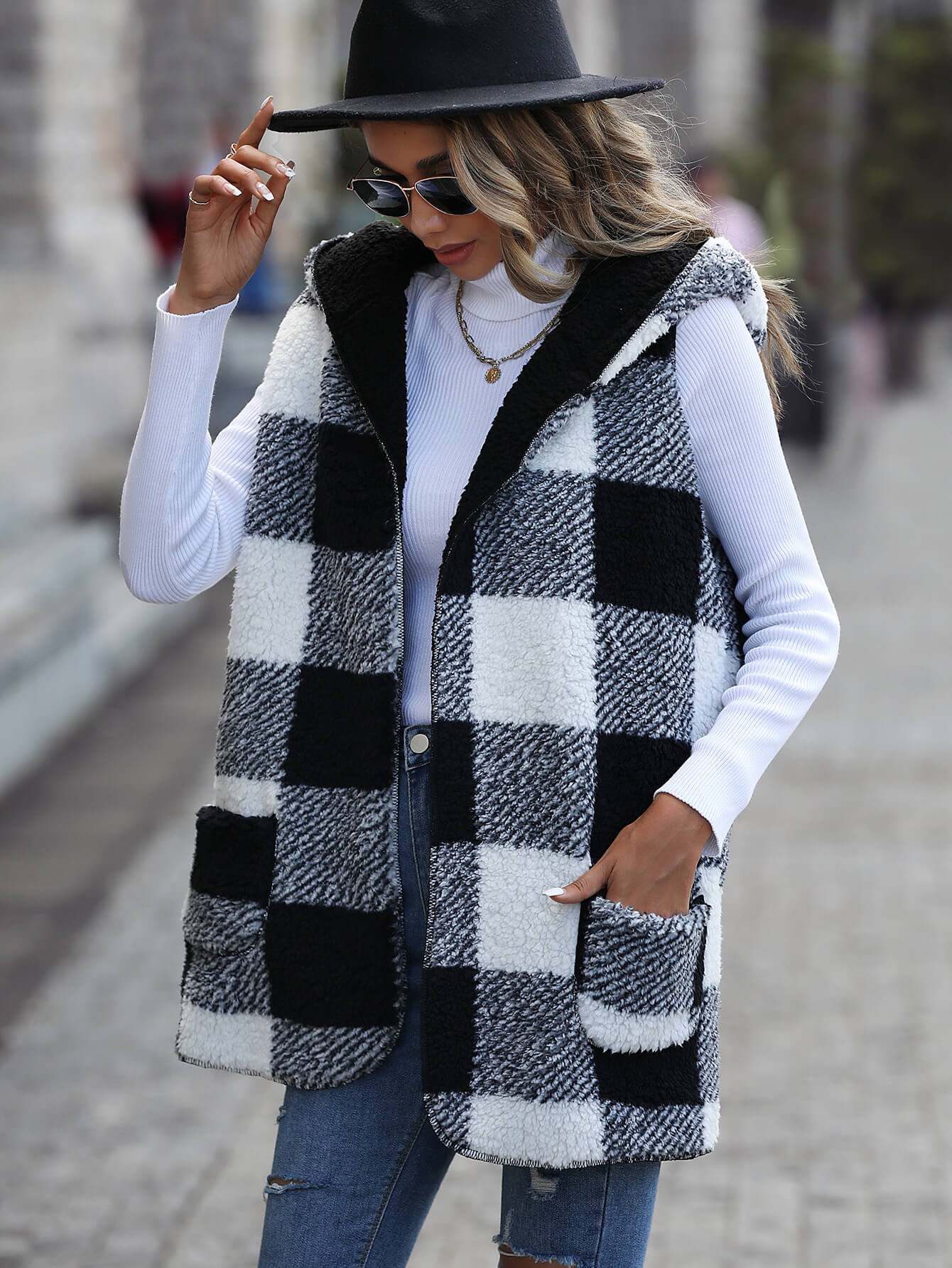 Plaid Open Front Hooded Fleece Vest