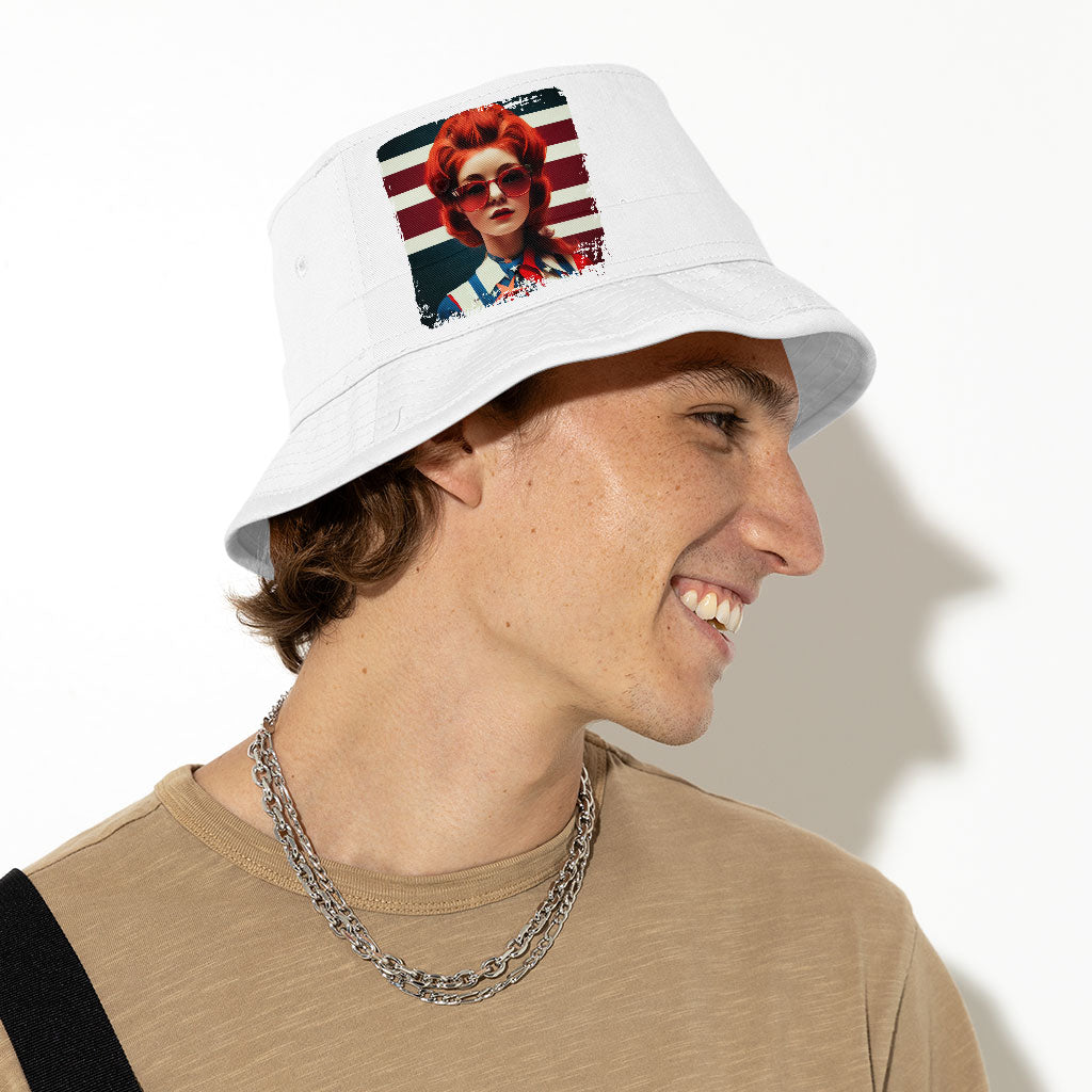 American Flag Bucket Hat - Graphic Hat - Girl Art Bucket Hat